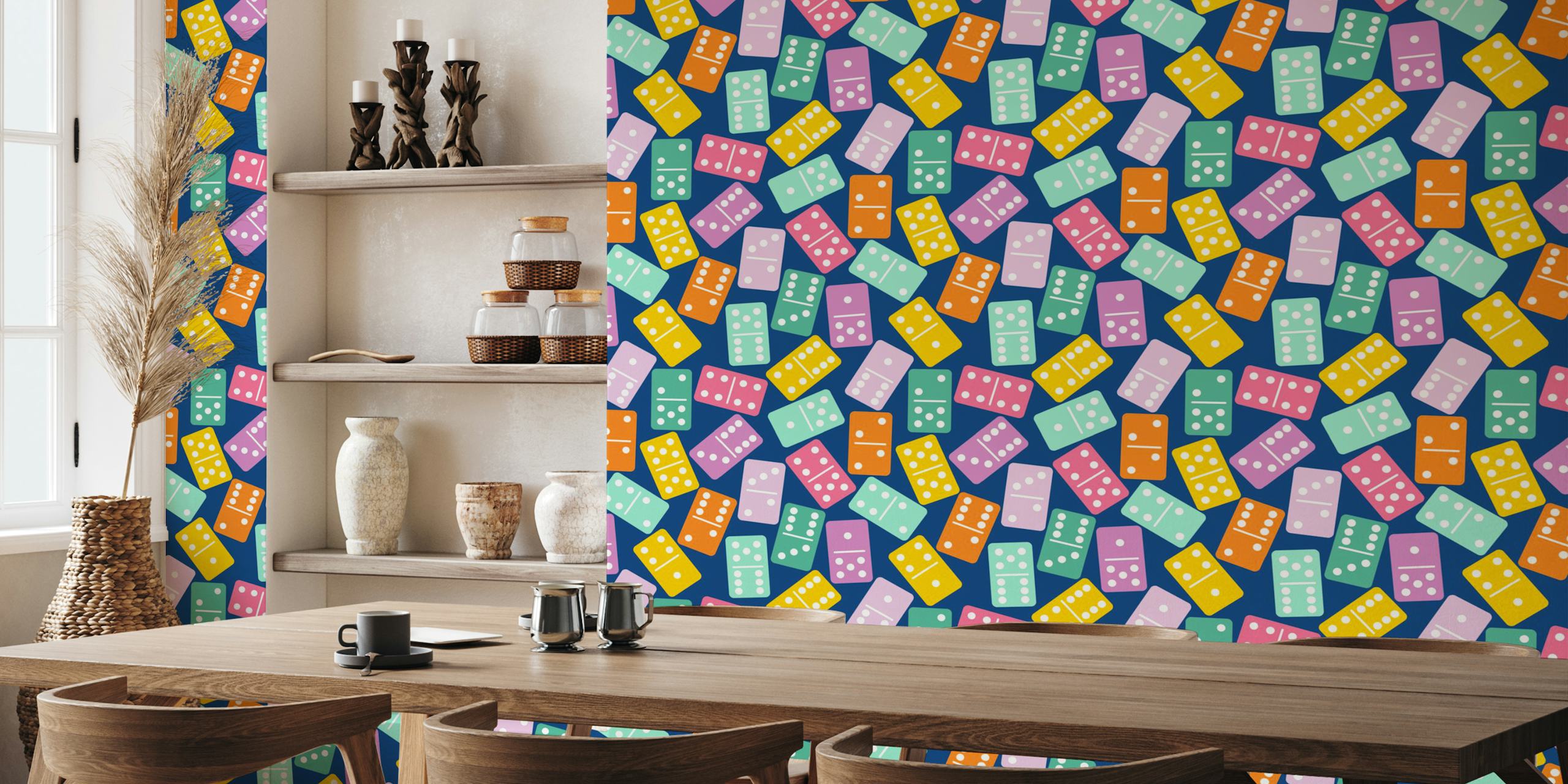 Colorful domino patterned wallpaper in a room