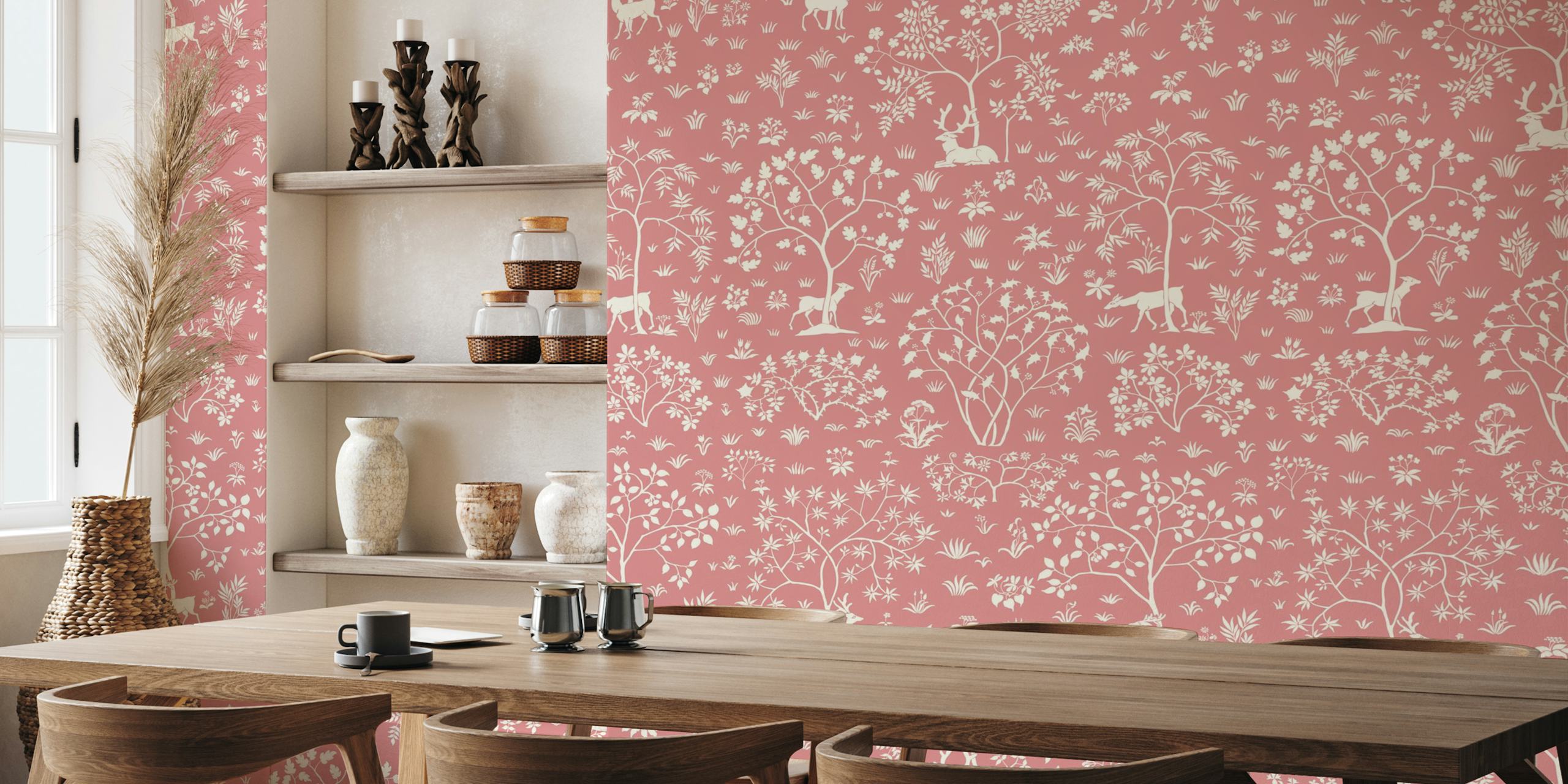 Floral deer wallpaper in pink with trees and deer illustrations