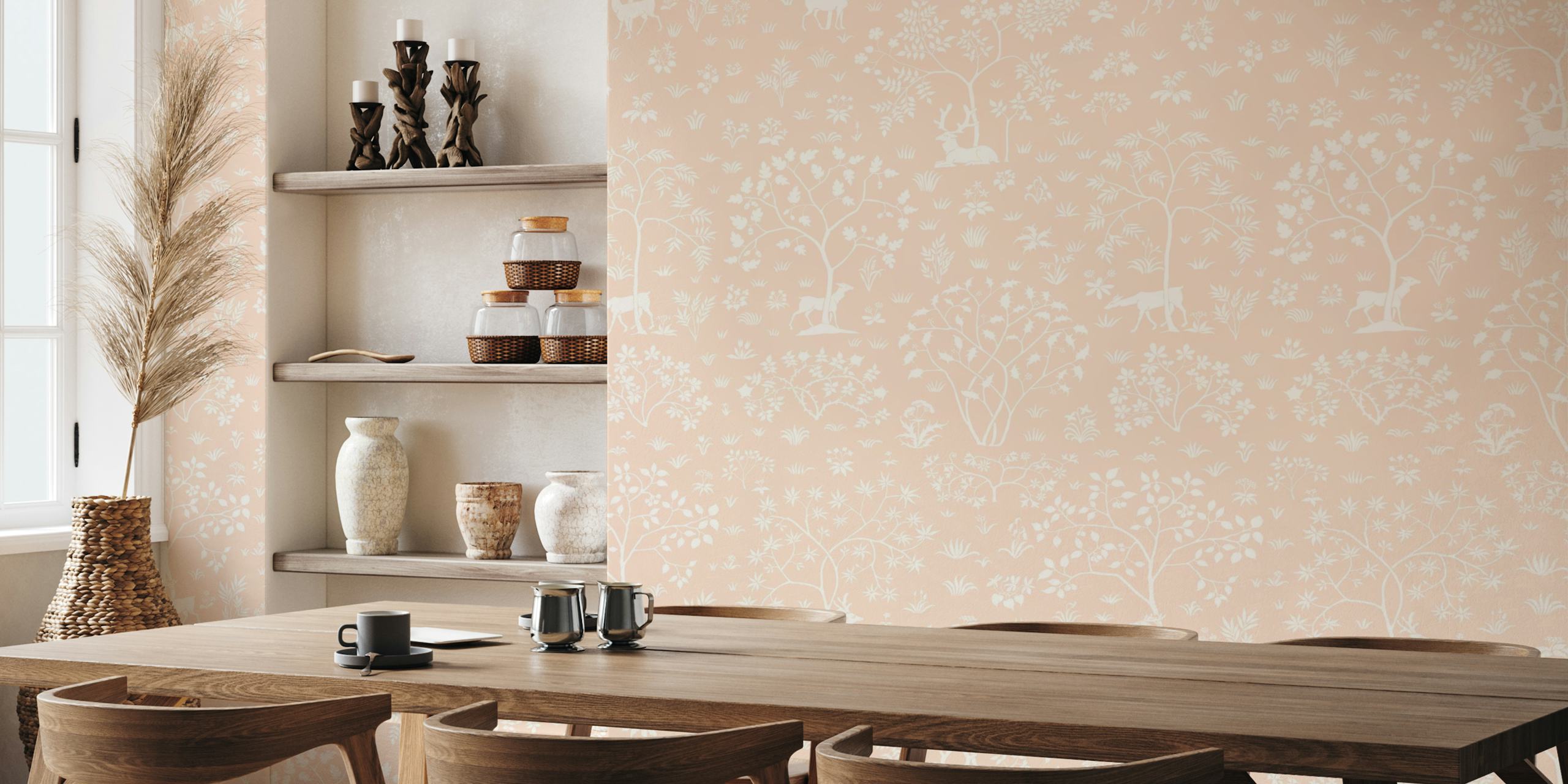 Vintage meadow wallpaper with deer in light pink