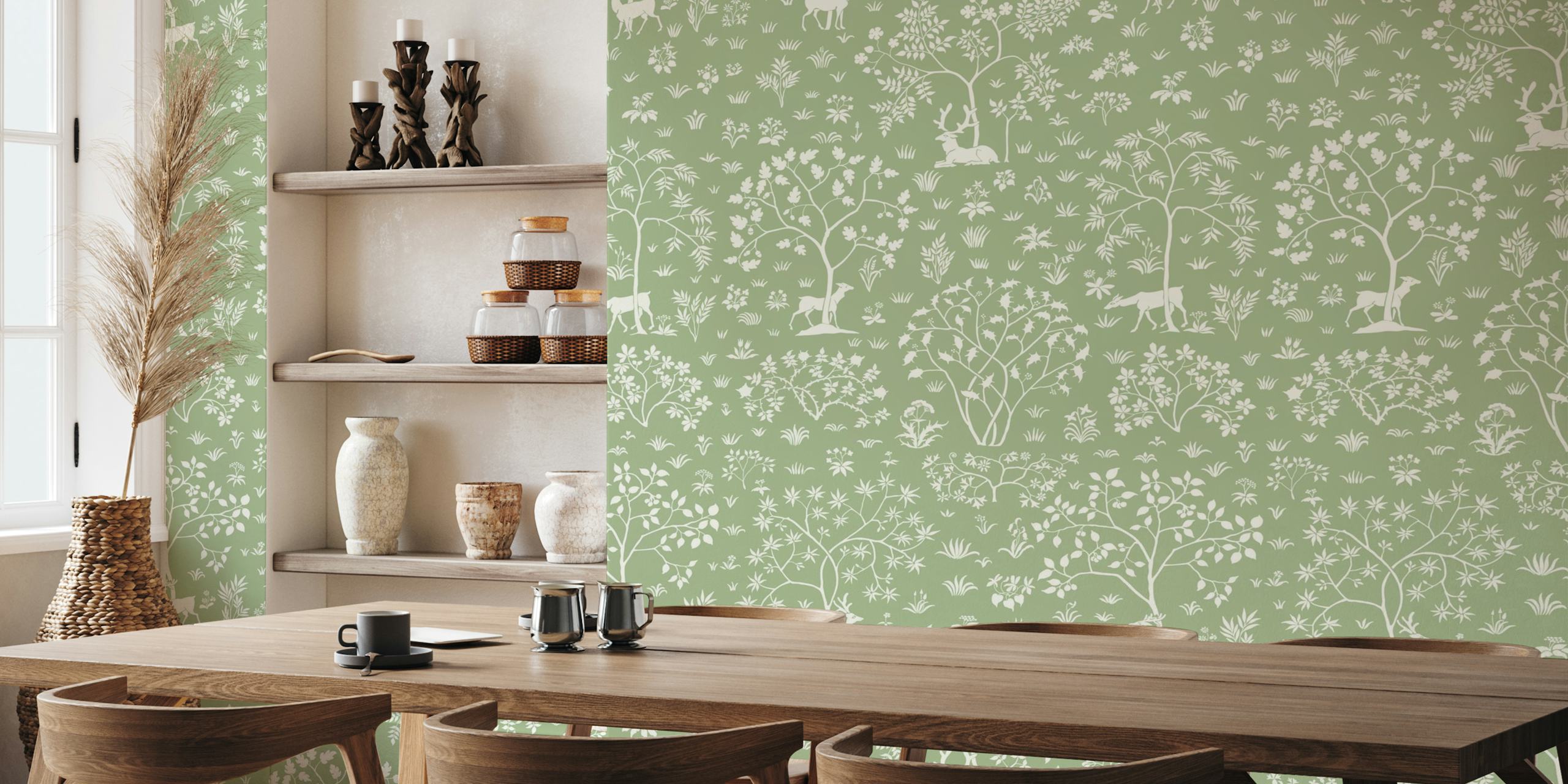 Deer and floral patterns on light green vintage wallpaper