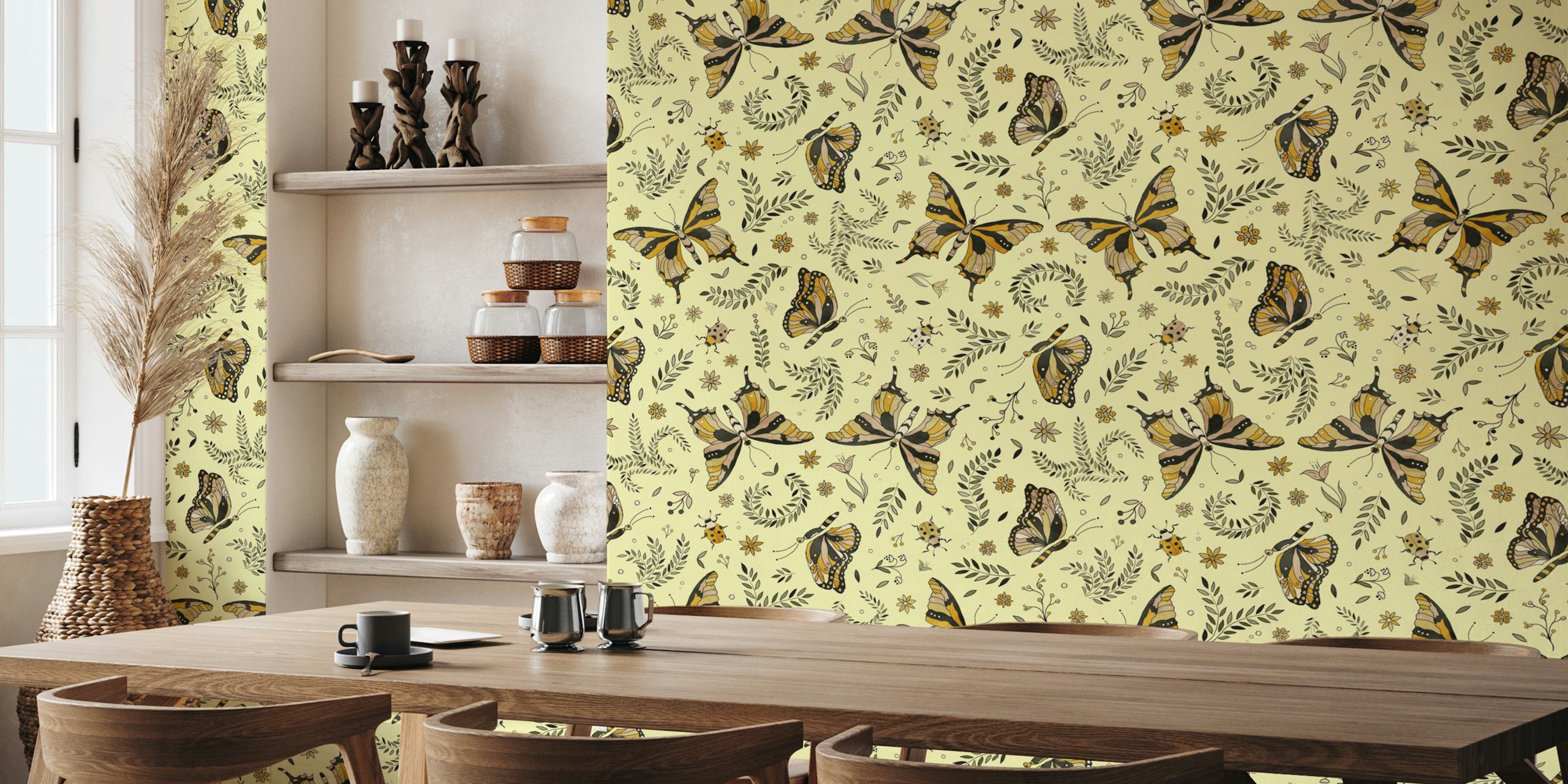 Butterfly floral pattern in yellow tones wallpaper