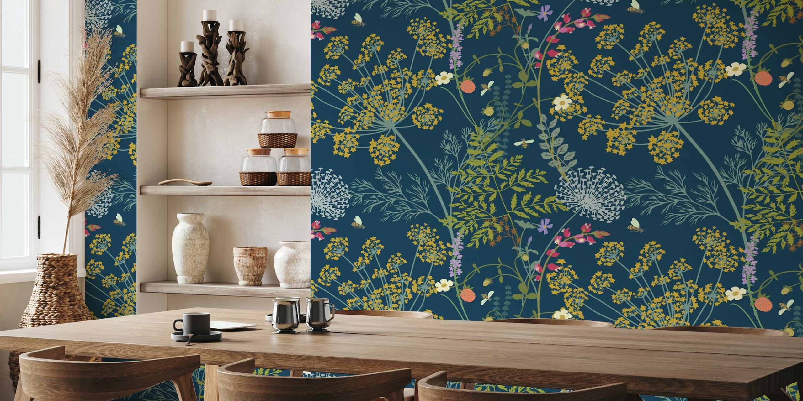 Floral and herbal motifs in vibrant colors on a blue backdrop wallpaper