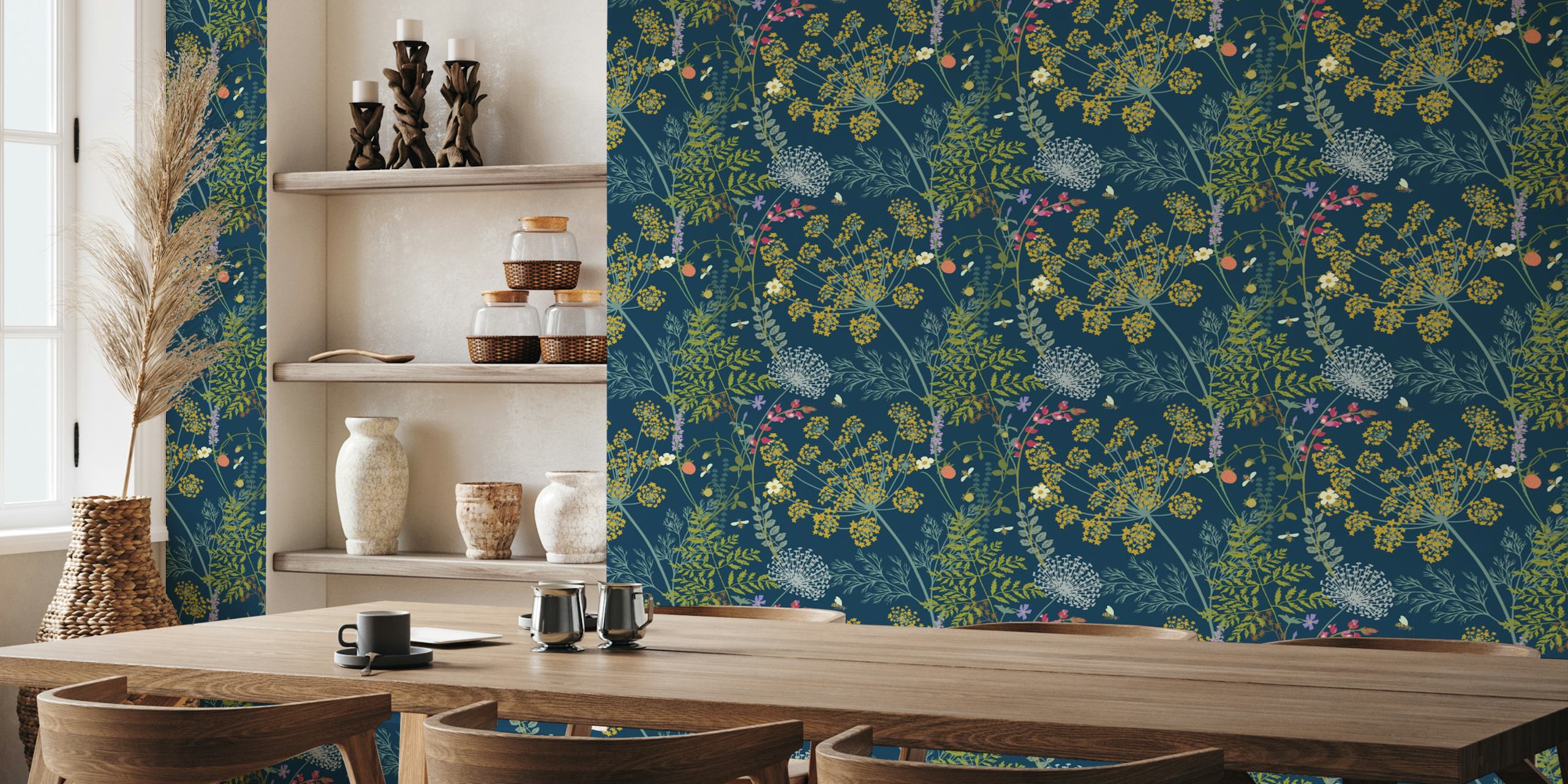 Wild Herbs Blue Tapete in einer Raumgestaltung