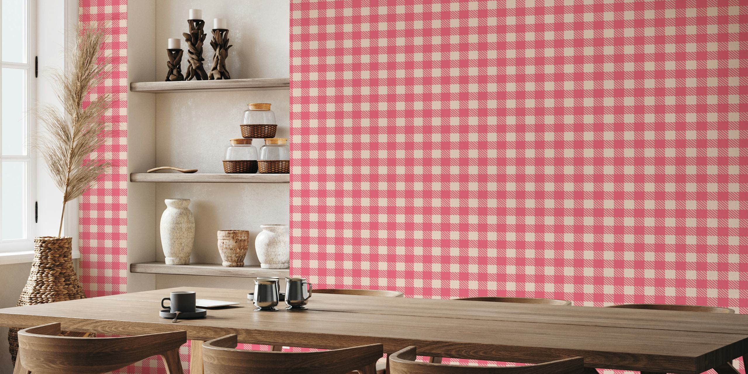 Pink and cream checkered pattern wallpaper