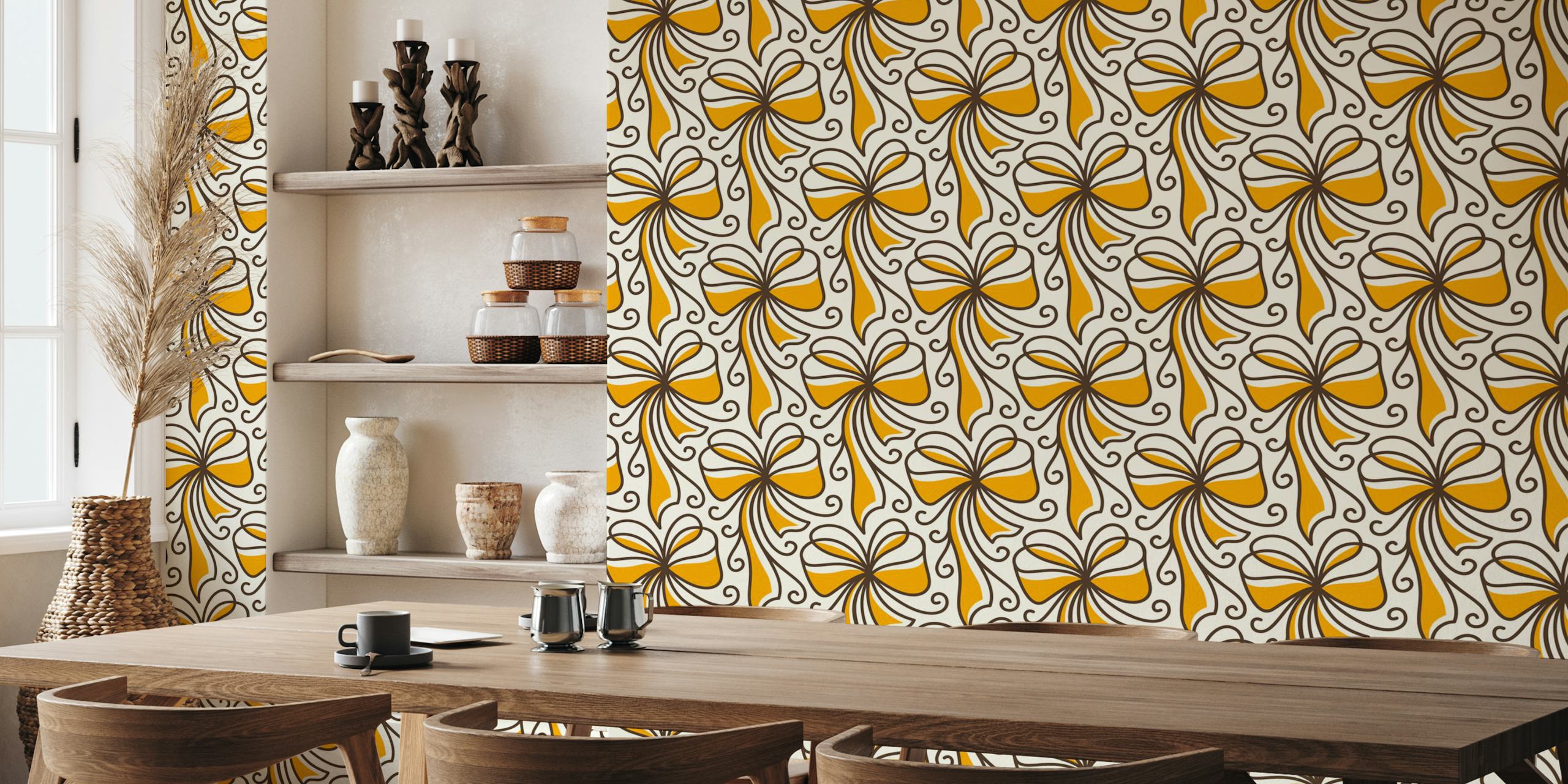 Yellow and brown bow pattern wallpaper