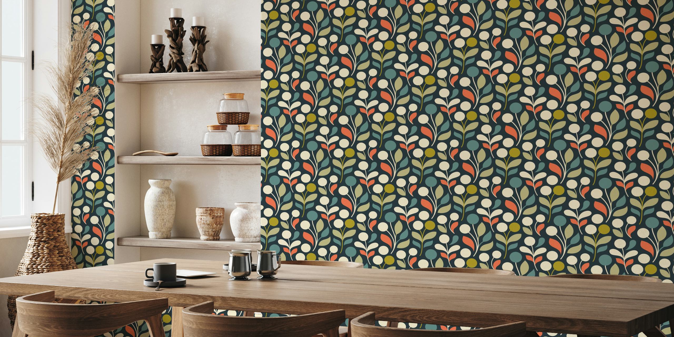 Colorful floral pattern with leaves and round shapes in autumn colors wallpaper.