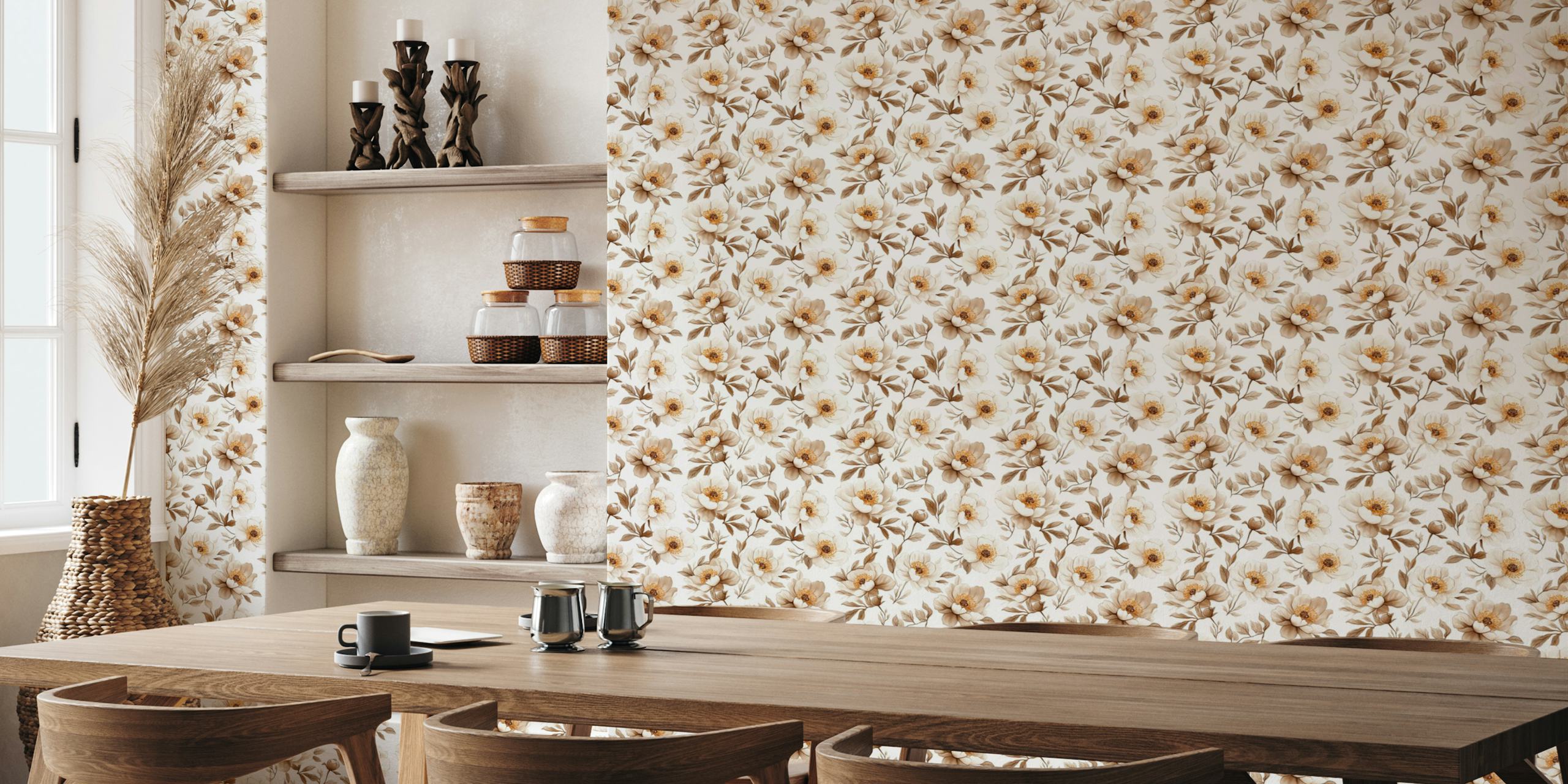 Floral design with beige blooms and green leaves wallpaper
