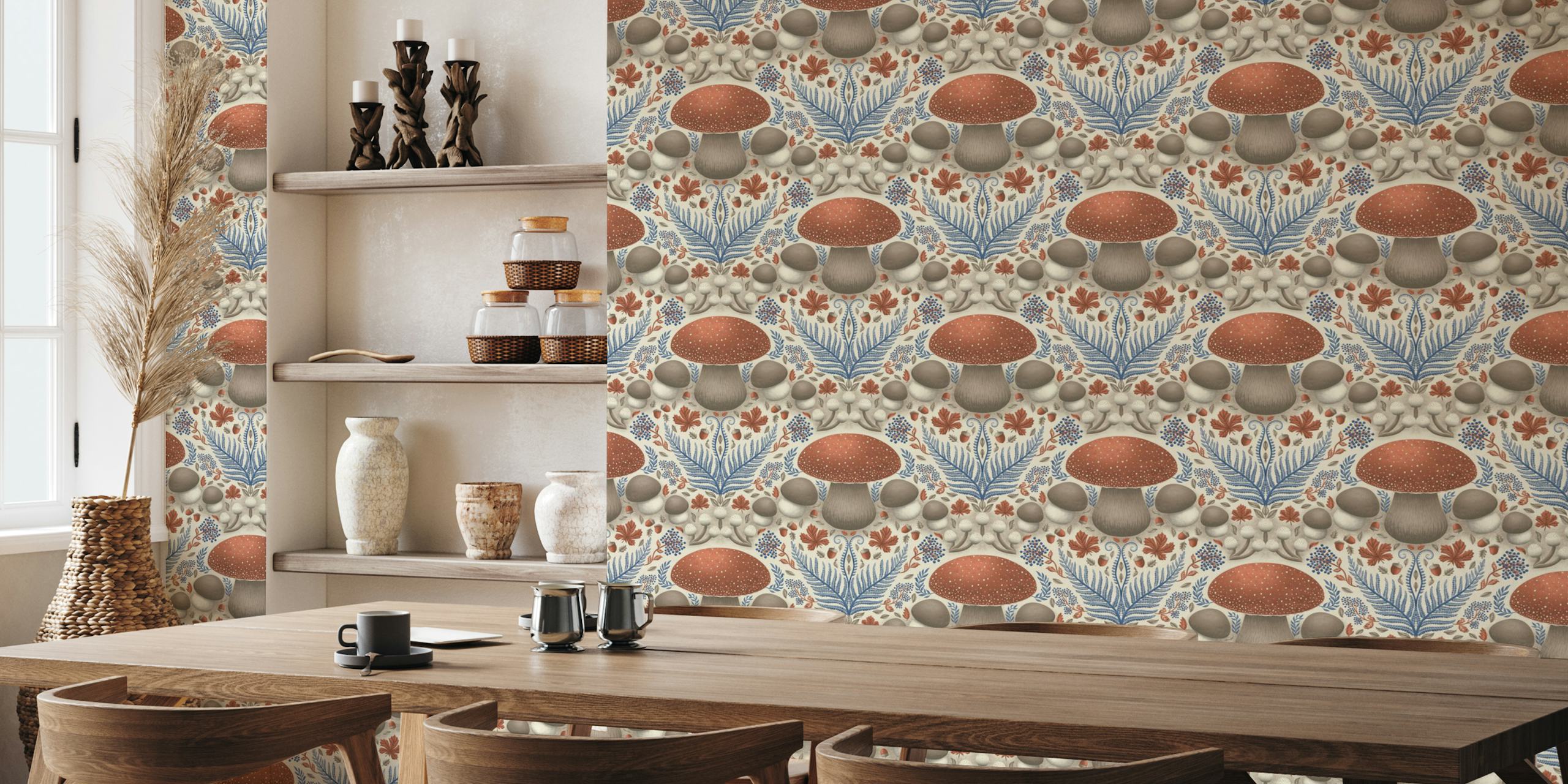 Mushroom and foliage pattern in brown, blue, and cream wallpaper