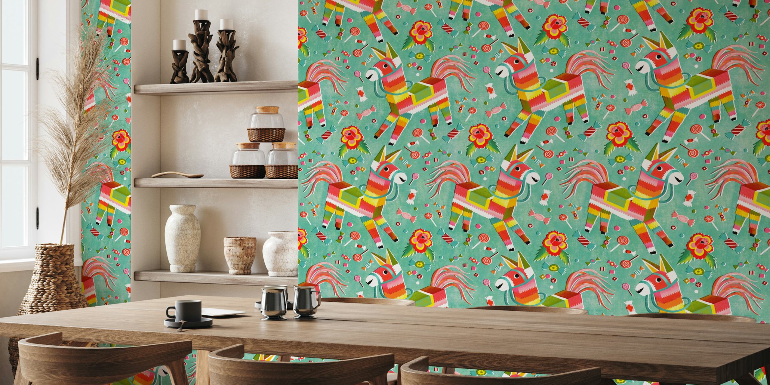 Colorful pinata horse sweets wallpaper in a room