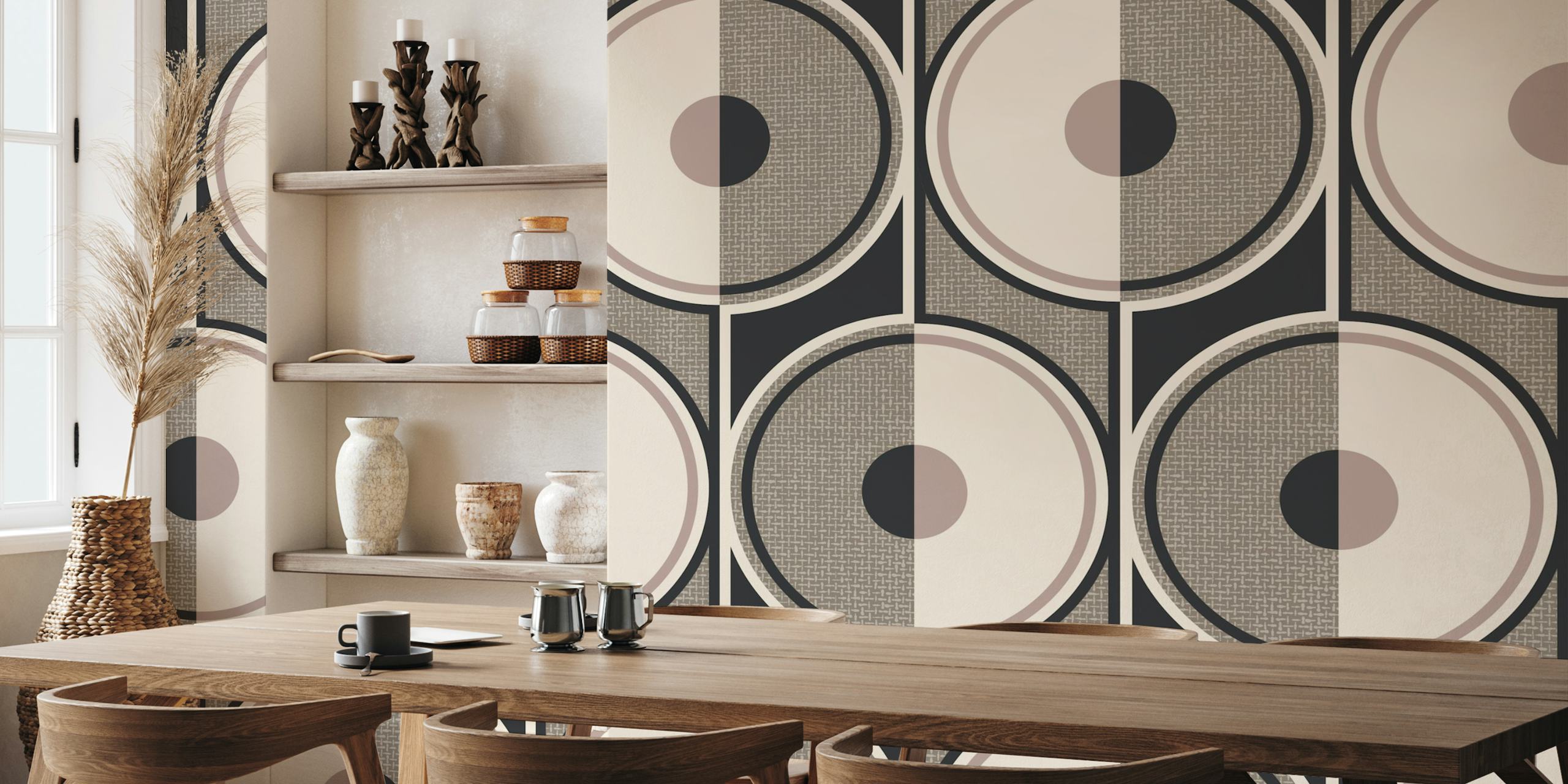 Retro circles beige brown behang in een kamer