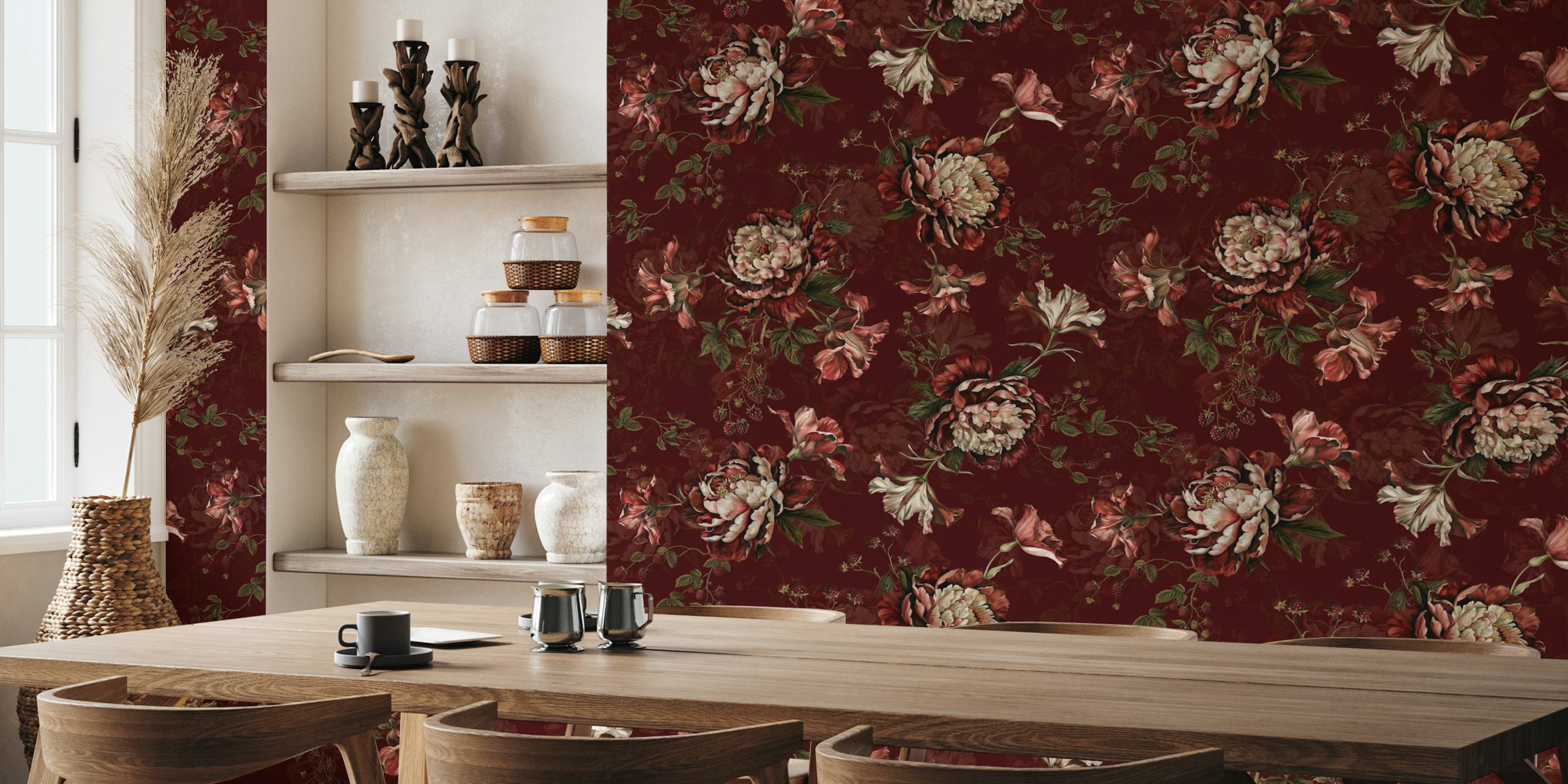 Burgundy floral wallpaper in a room
