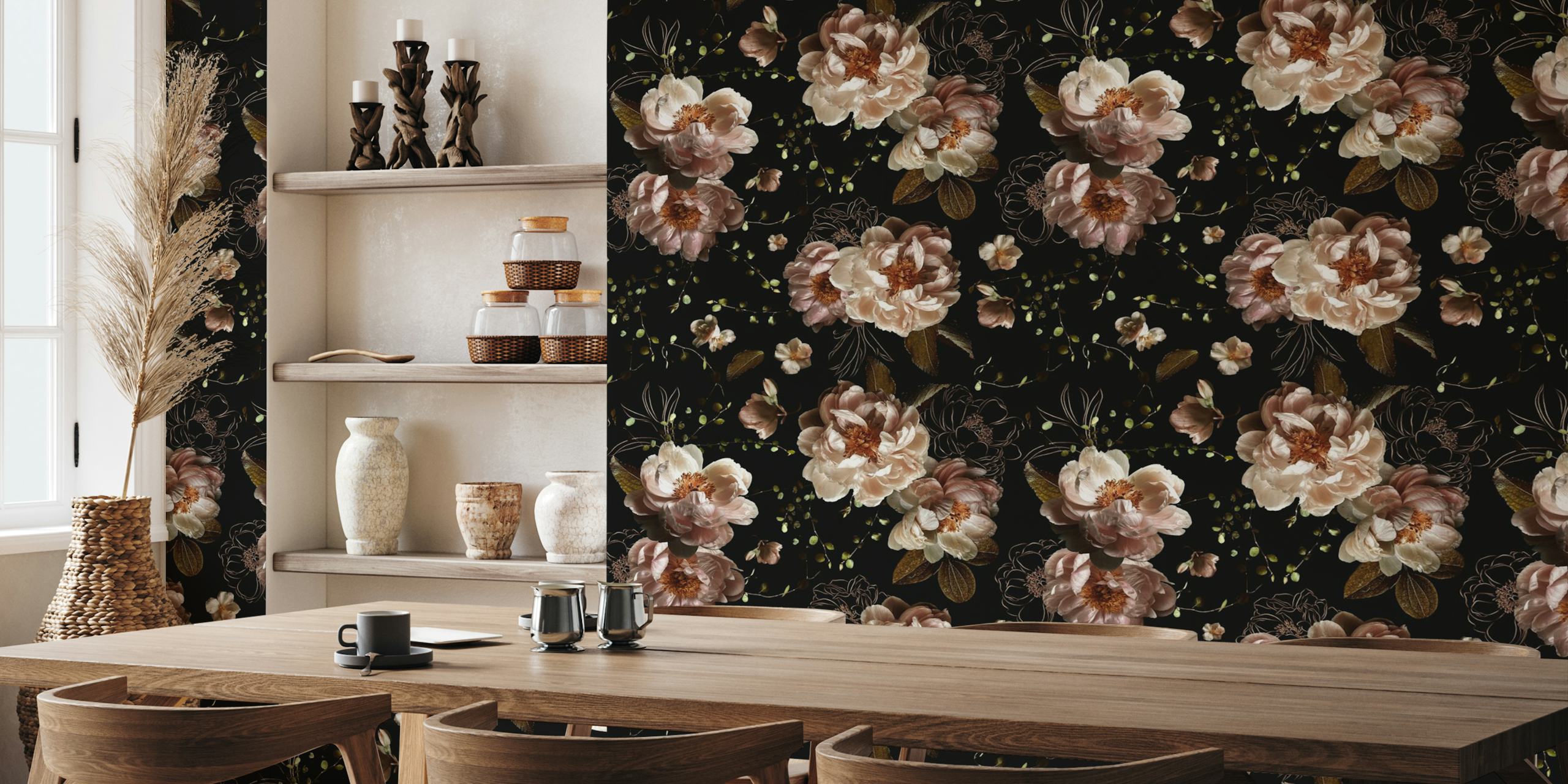 Floral design with pink flowers and greenery on a black background wallpaper