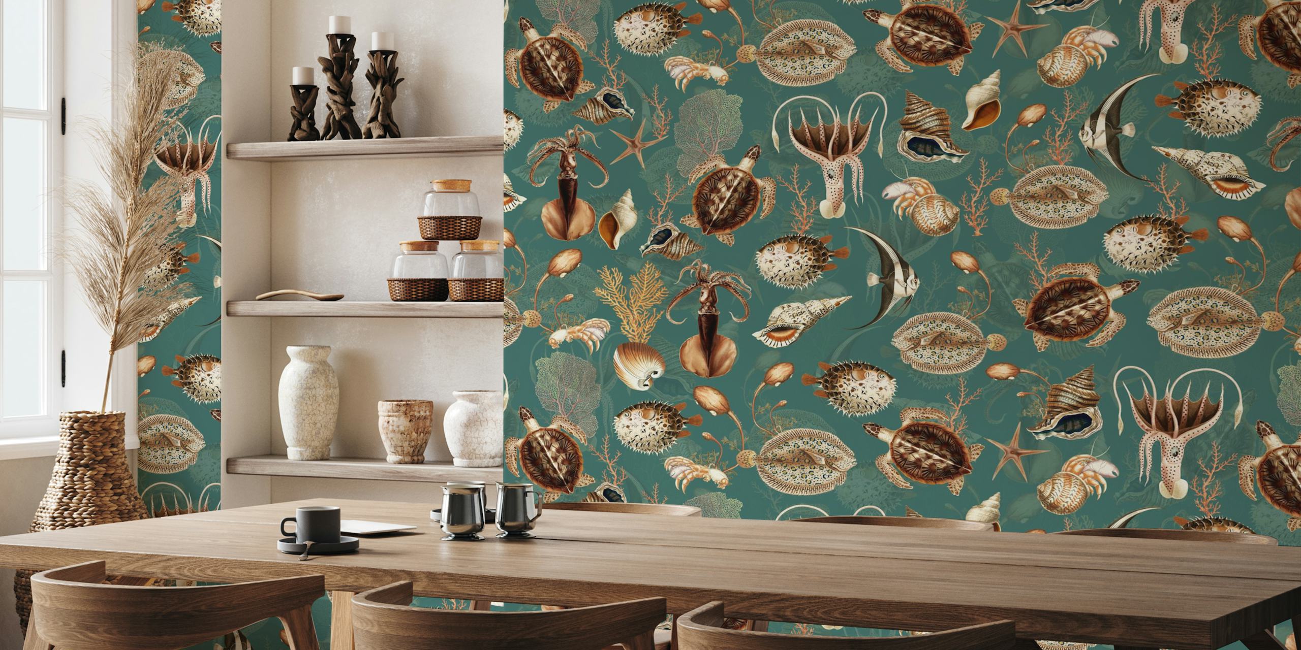 Marine life and seashells on turquoise background wallpaper