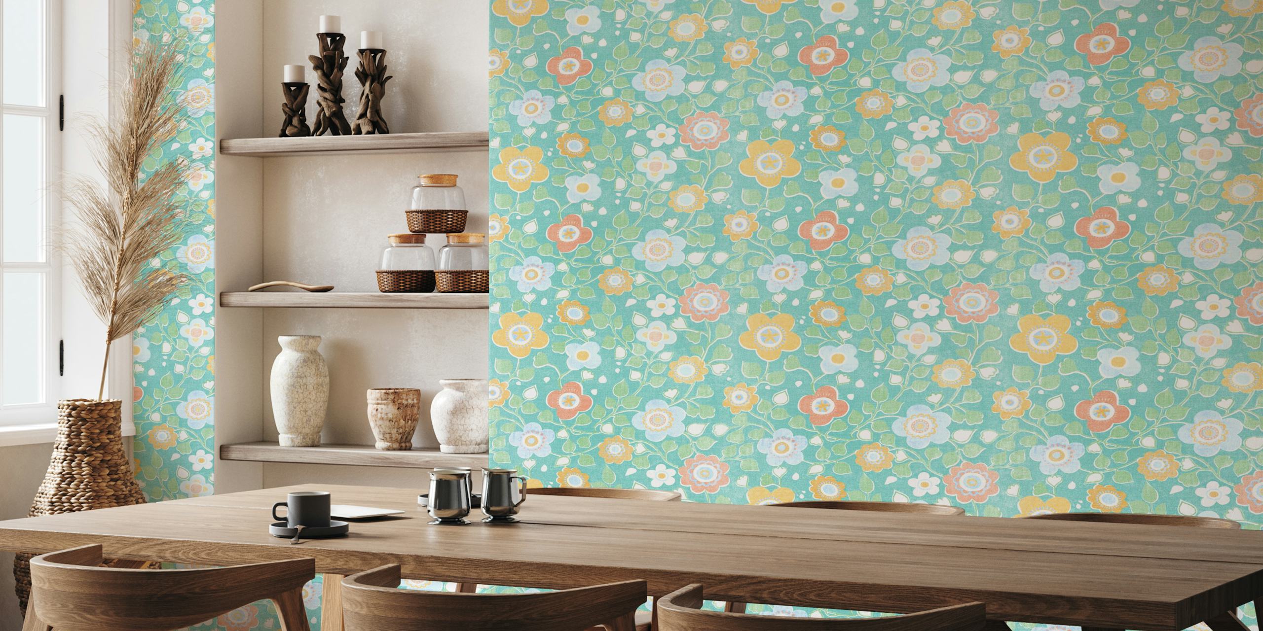 Simply Boho turquoise floral wallpaper in a room