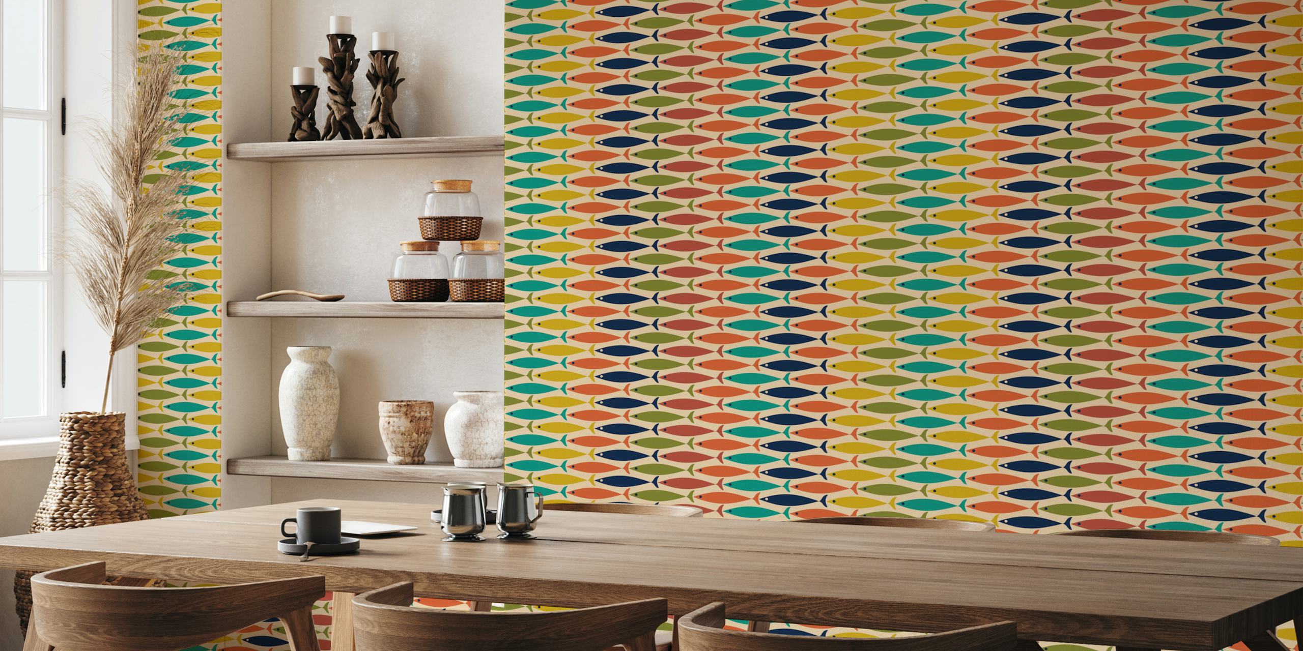 Papel de parede Colorful Retro Fish Stripes em um quarto