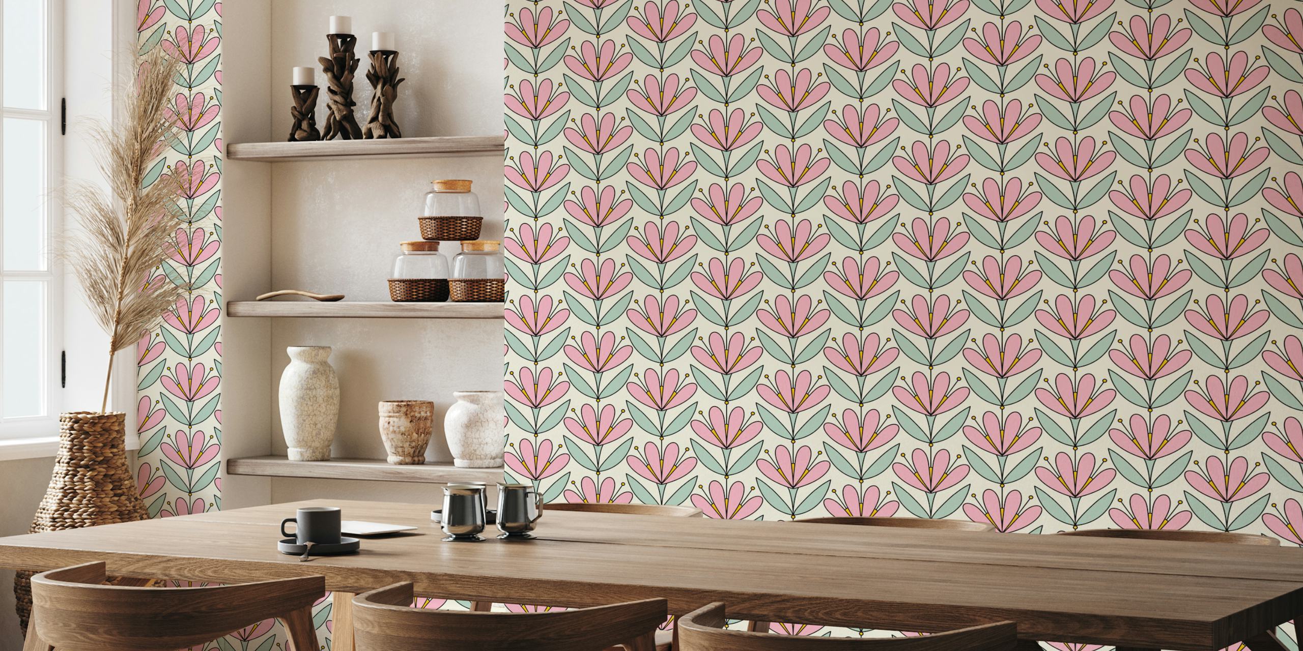 Retro floral design with pink flowers and green leaves wallpaper