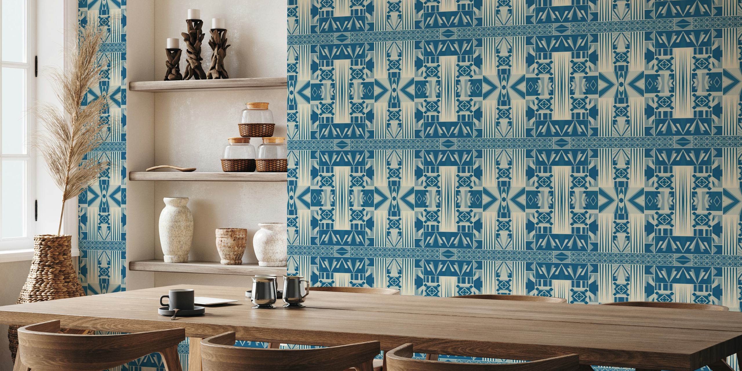 Geometric patterns in teal and beige colors Art Deco wallpaper