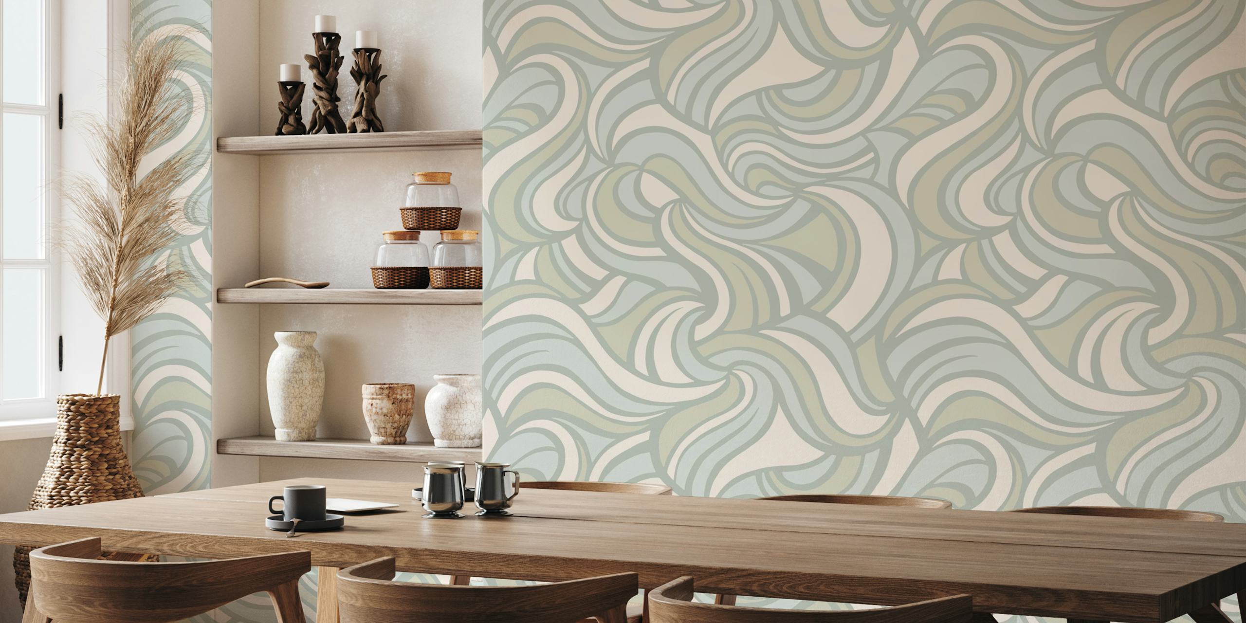 Wavy pattern in blue and beige colors, abstract style wallpaper