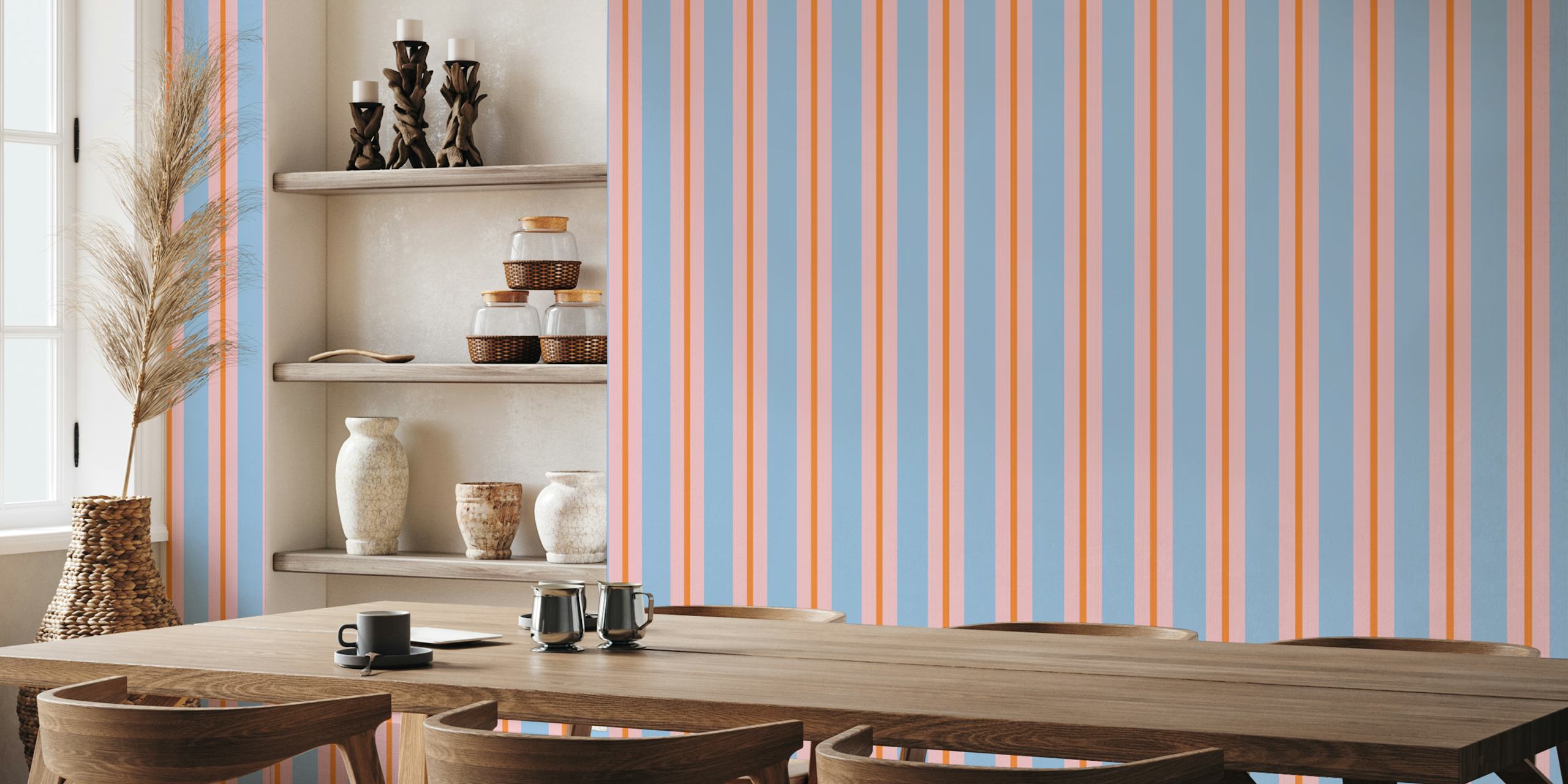 Striped wallpaper in pink, blue, and orange colors