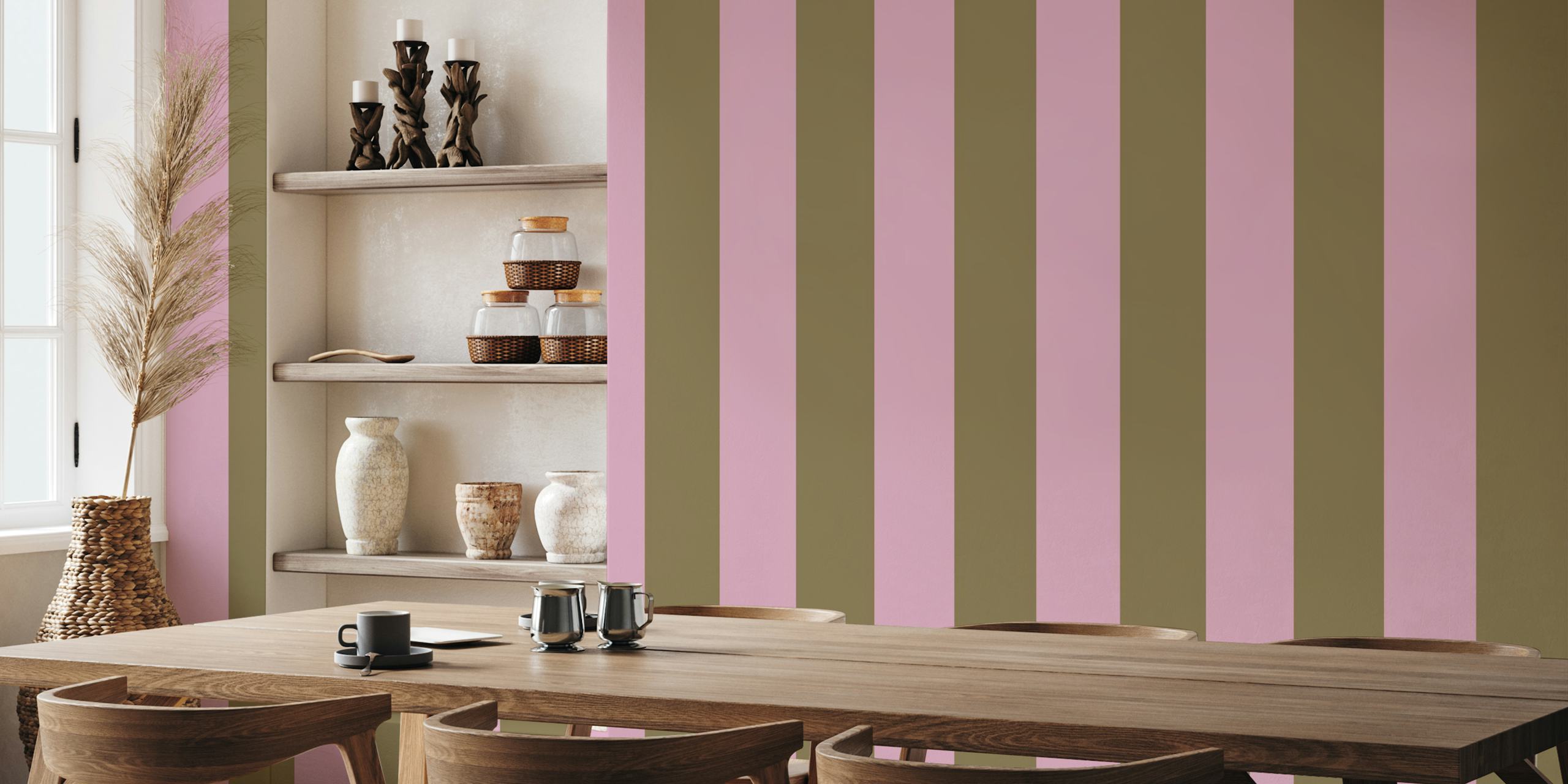 Striped wallpaper in pastel pink and green colors, modern design