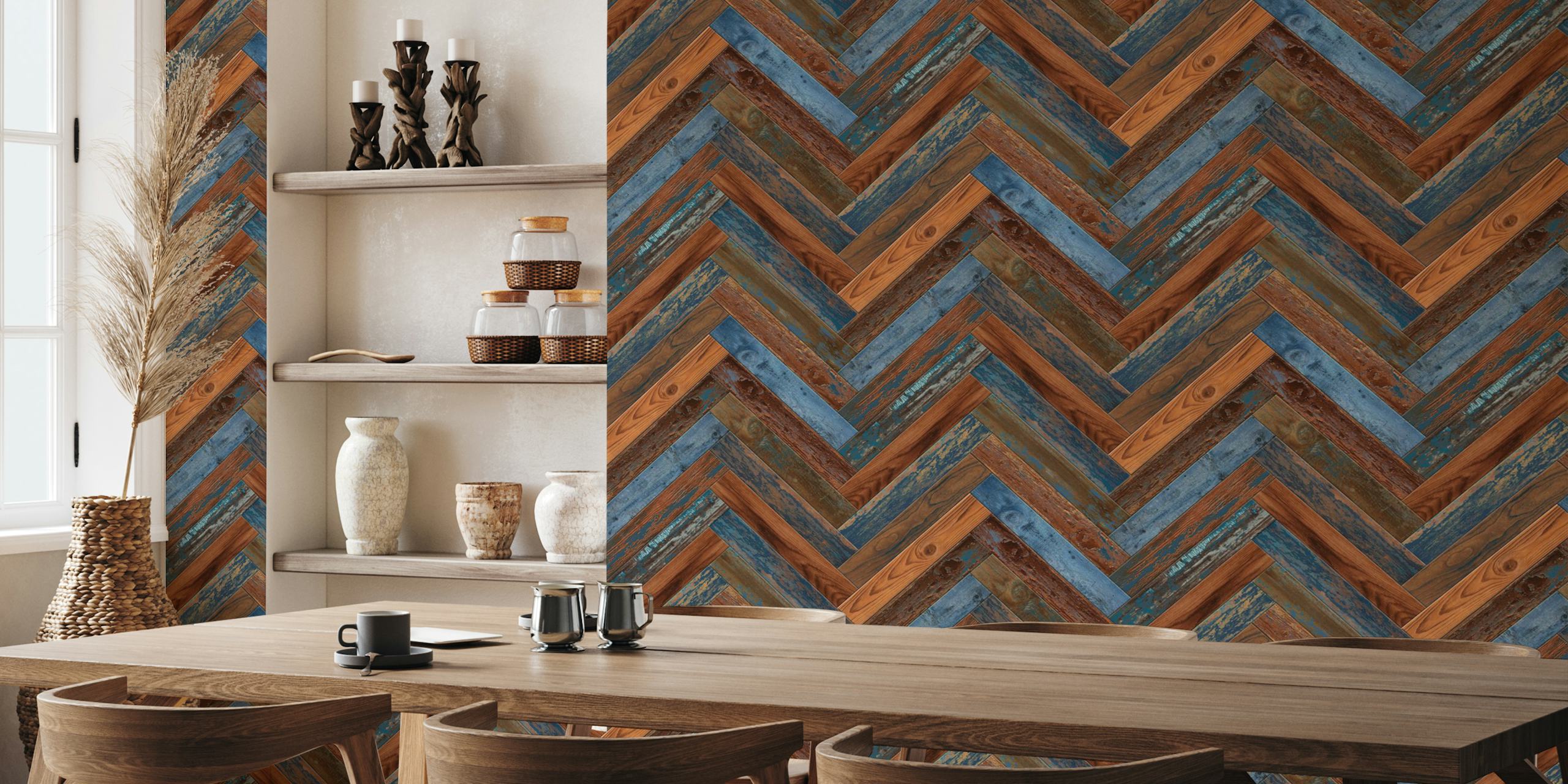 Chevron Wood Denim Rust wallpaper in a room