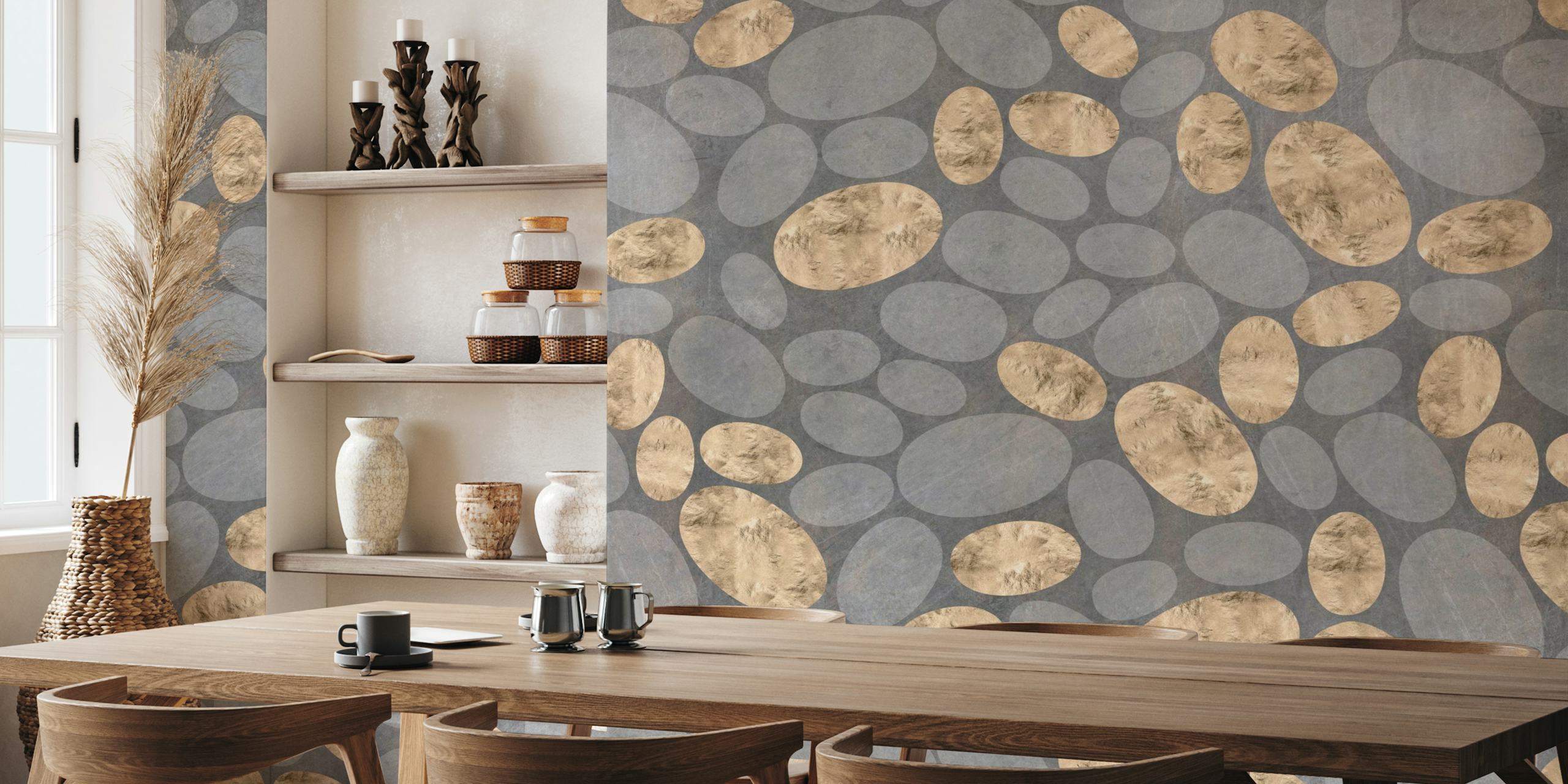 Abstract Stones in Gold & Grey wallpaper in room