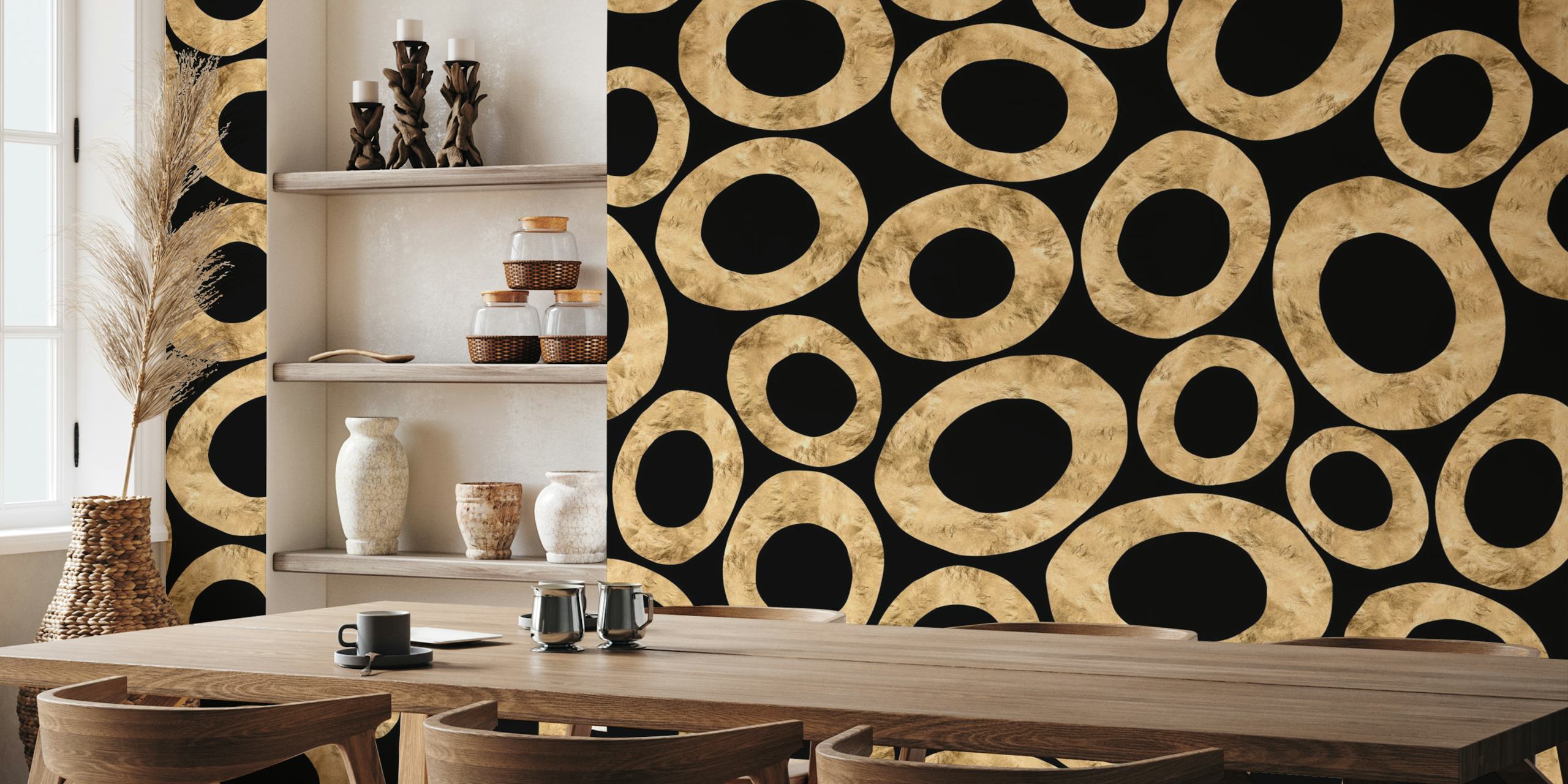 Large Abstract Ovals in Black & Gold wallpaper in a room