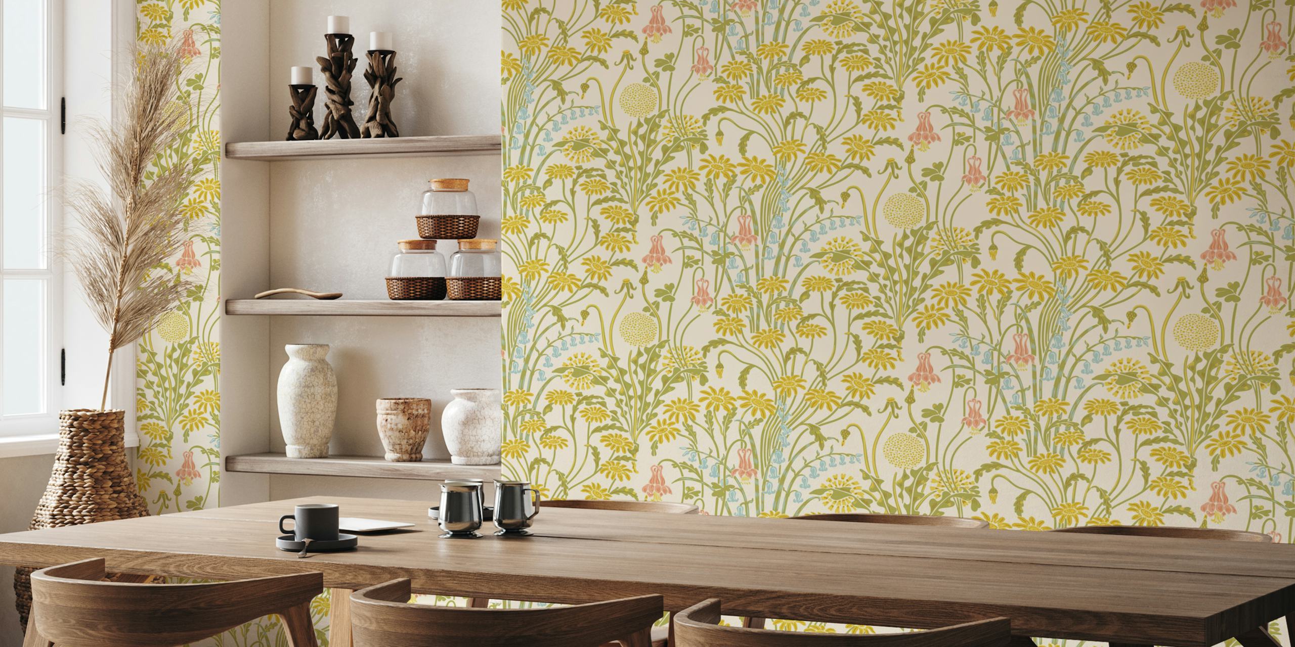Vintage floral design wallpaper featuring yellow and pink flowers on an off-white background