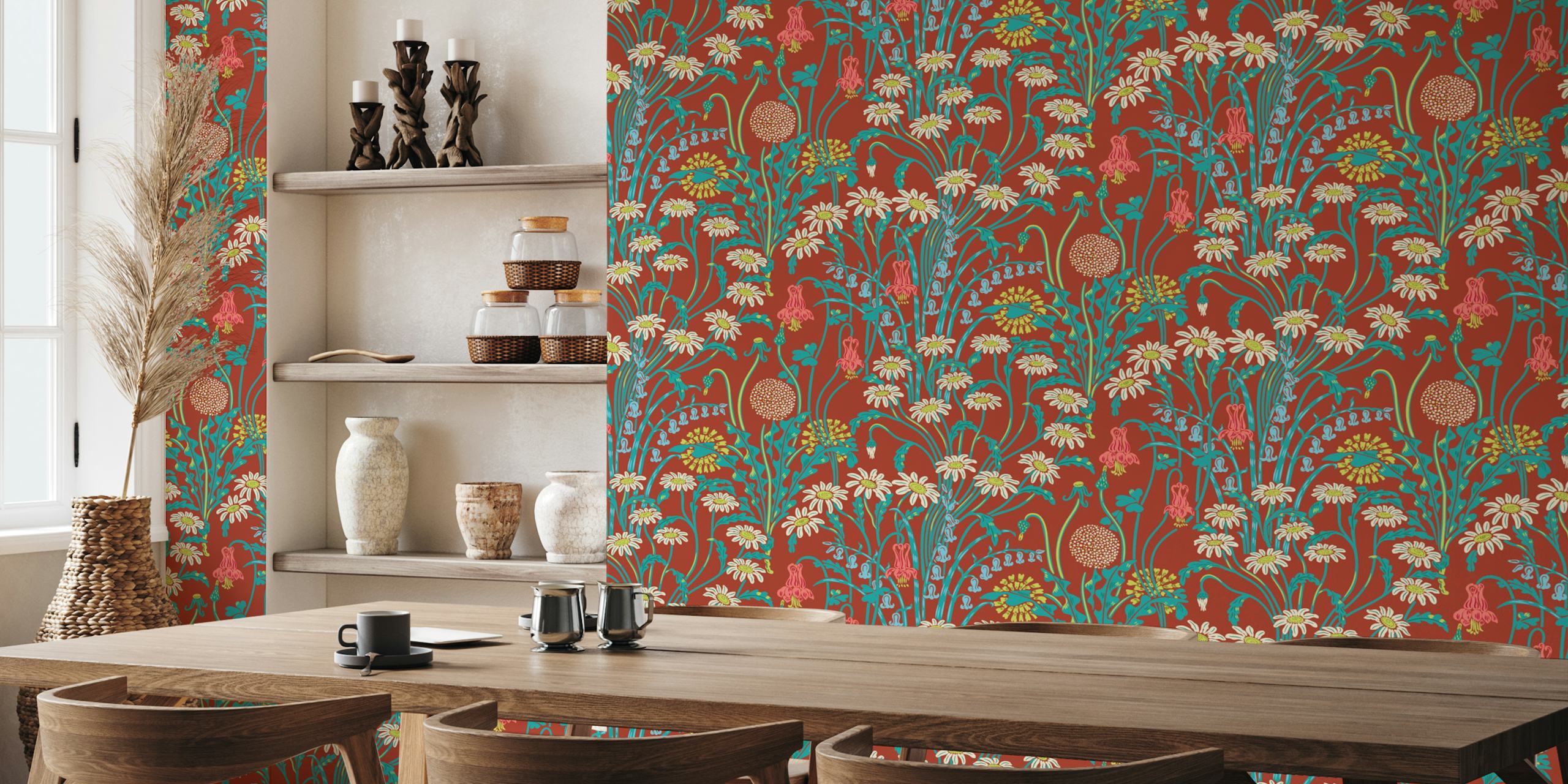 Victorian floral wallpaper in a room setting.
