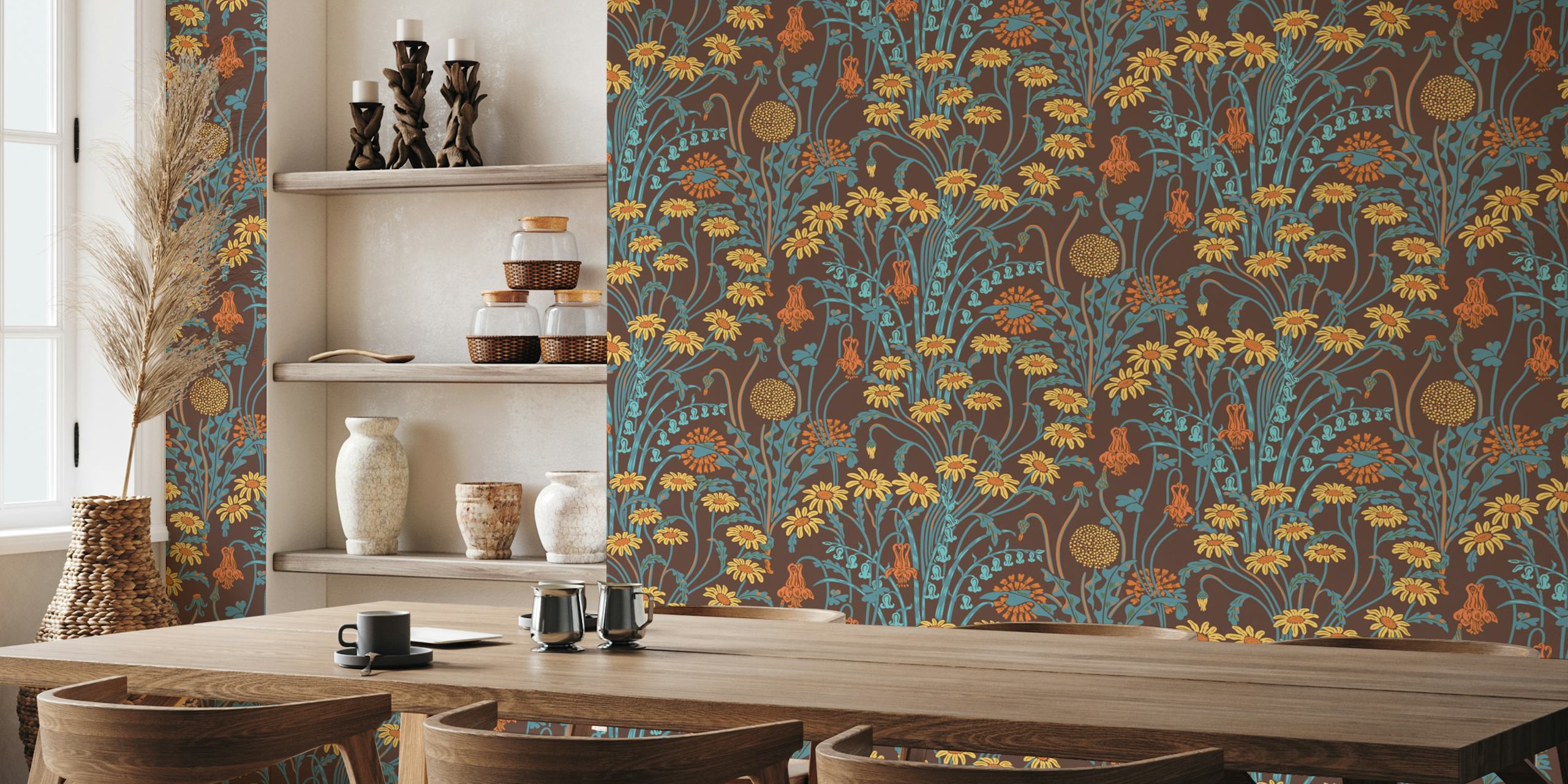 Colorful floral designs in yellow and blue on brown wallpaper