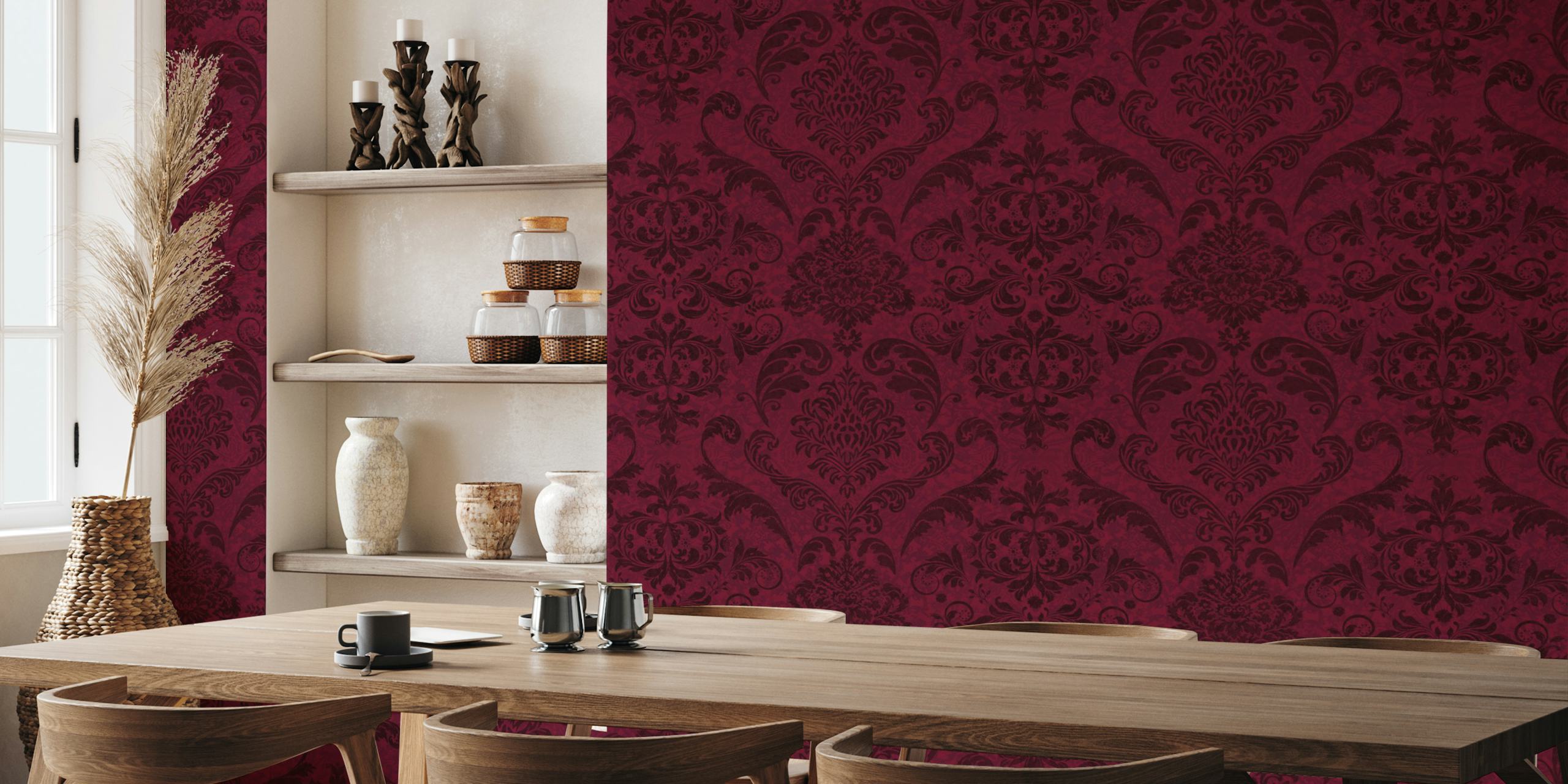 Burgundy crimson damask wallpaper