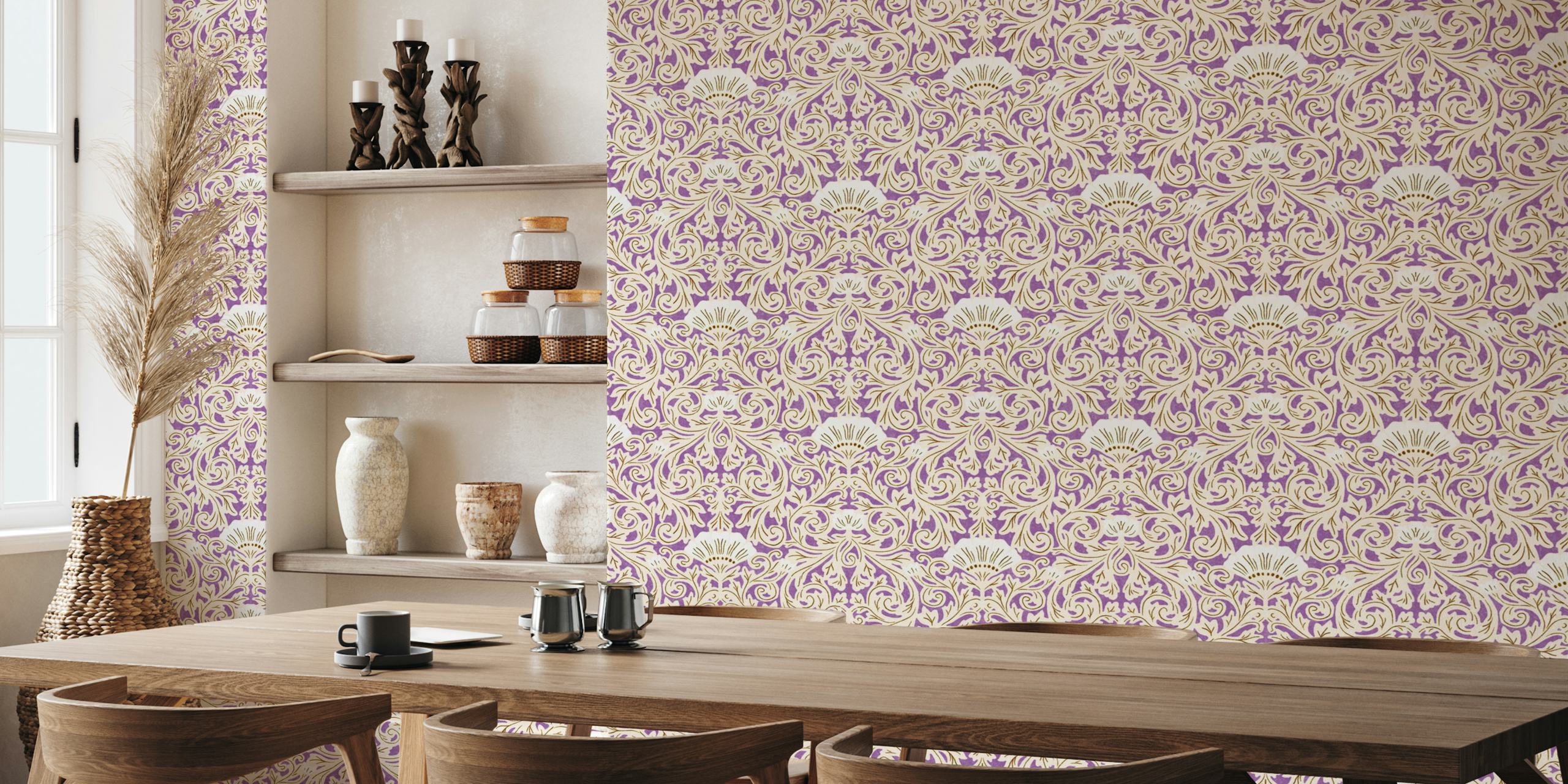 Purple patterned wallpaper in a room