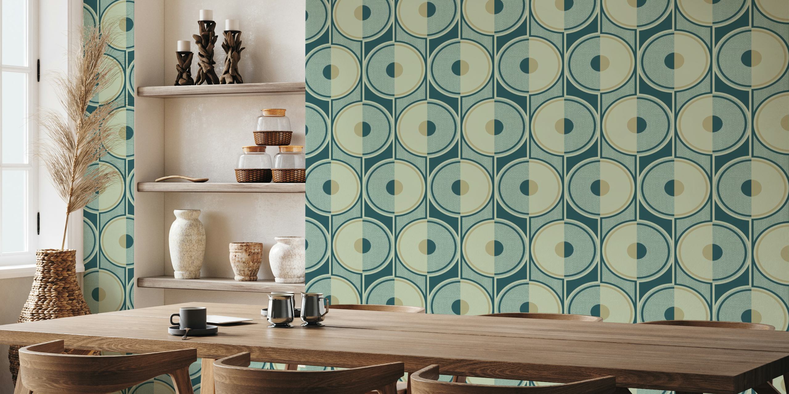 Smokey teal retro circles wallpaper in a room
