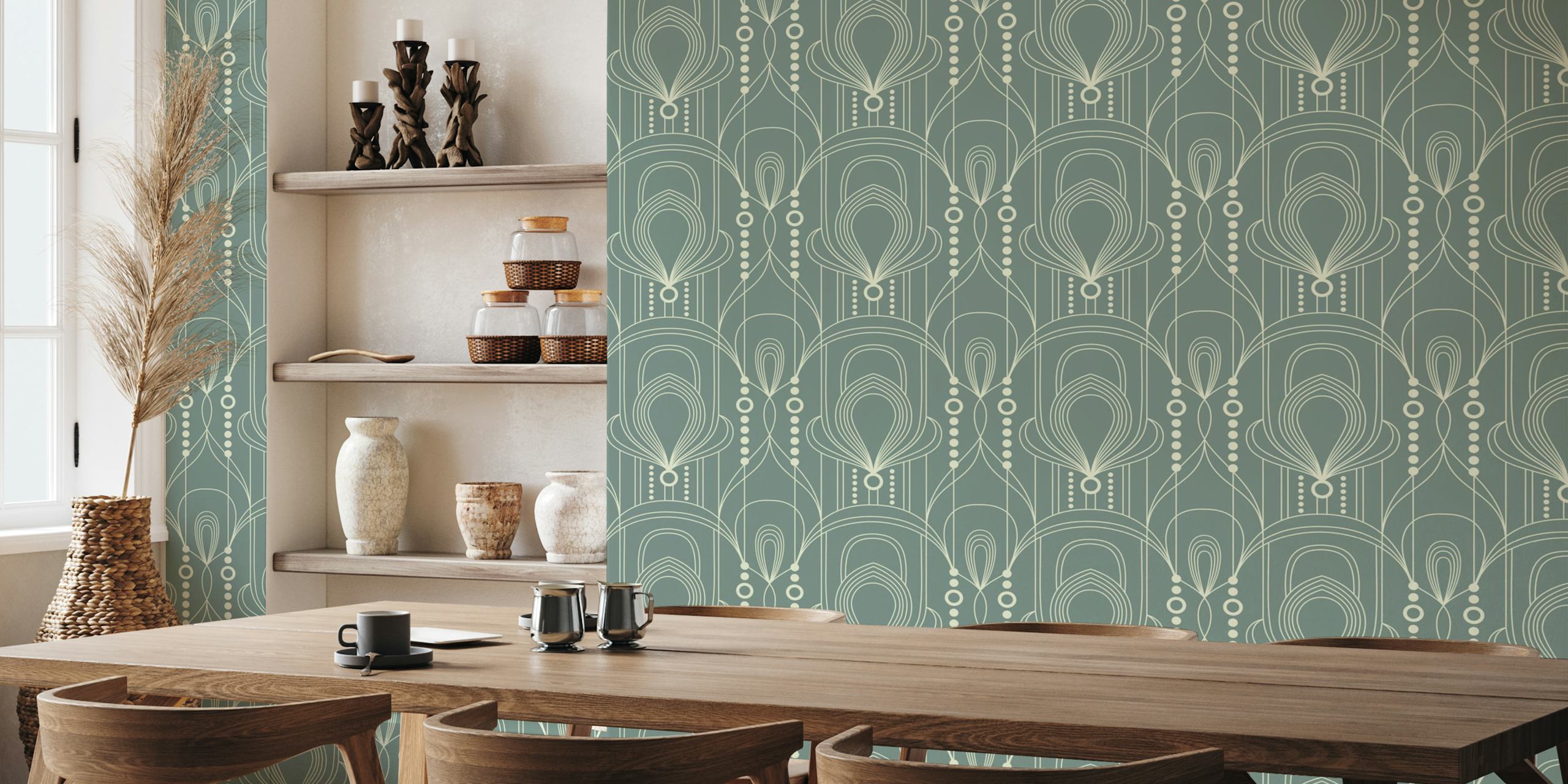 Modern Art Deco Twist Sage Tapete in einem Raum