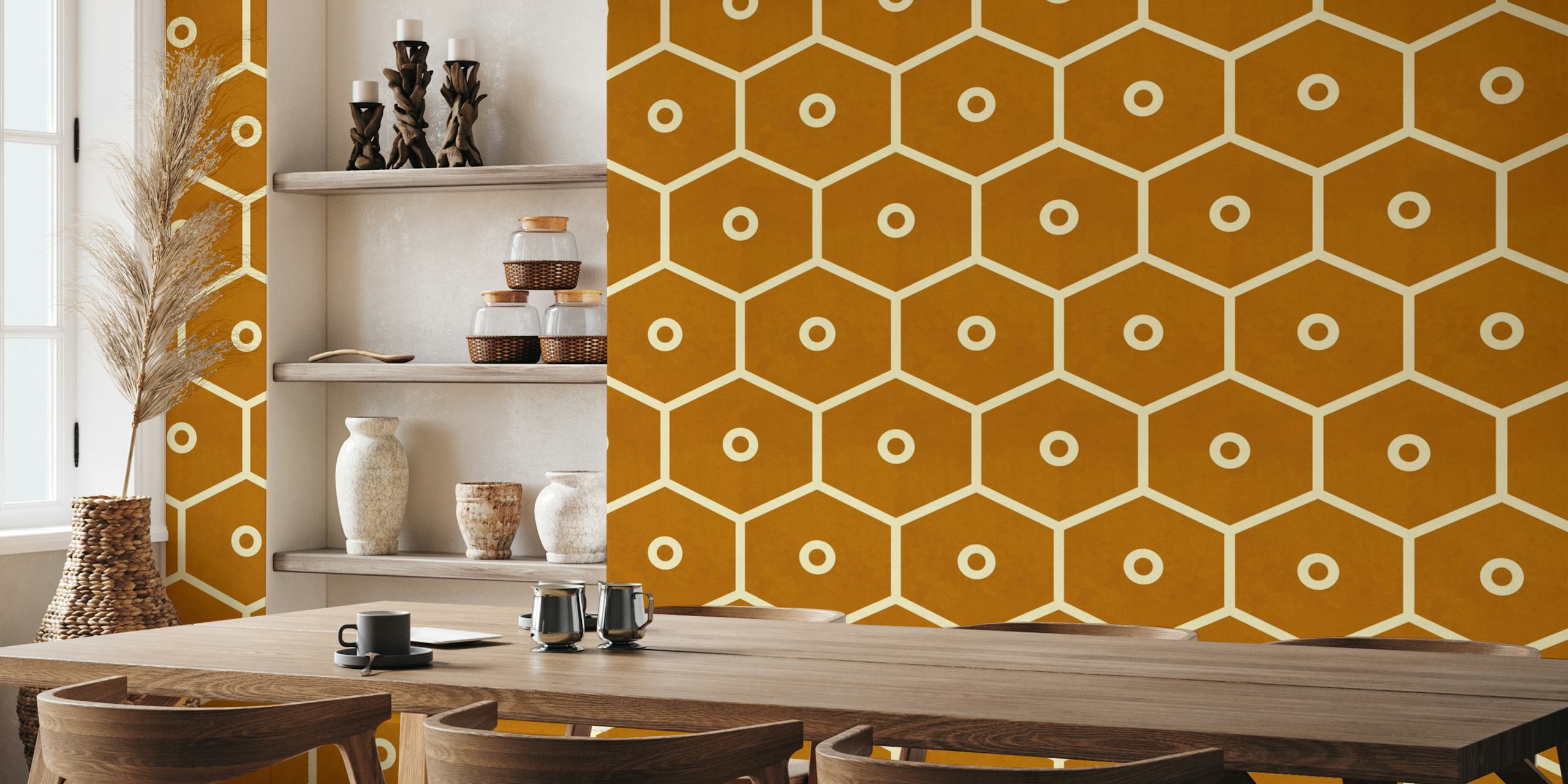 Honeycomb geometric pattern in bronze and ivory wallpaper
