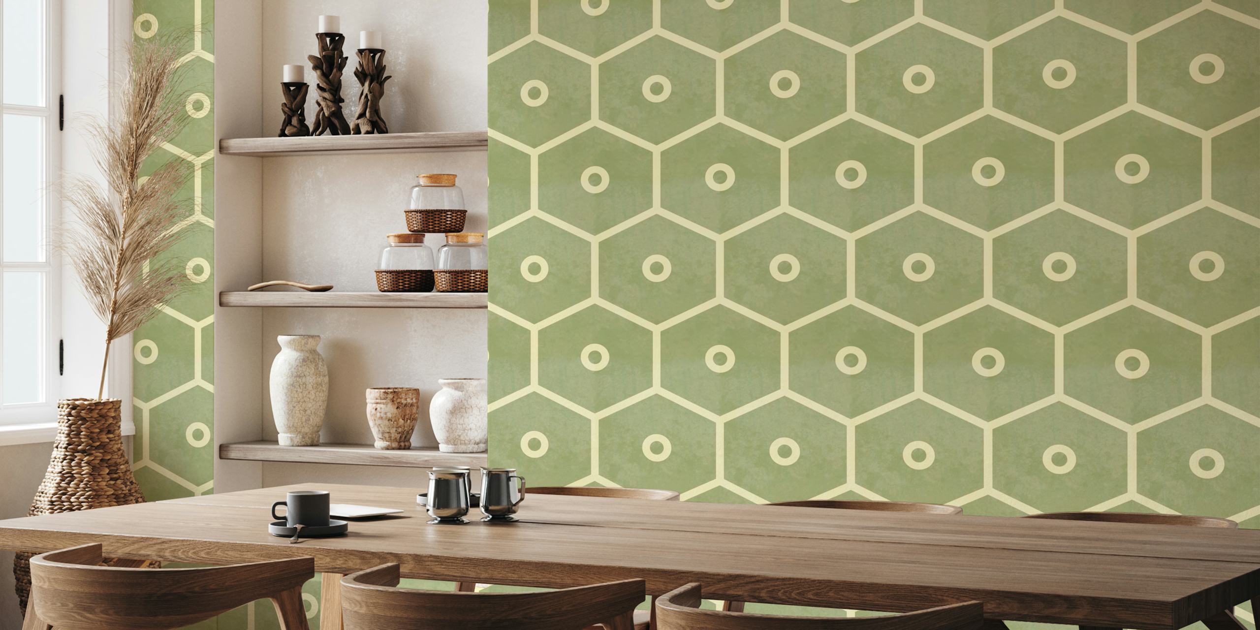 Tiles Honeycomb Sage Ivory tapeta u sobi