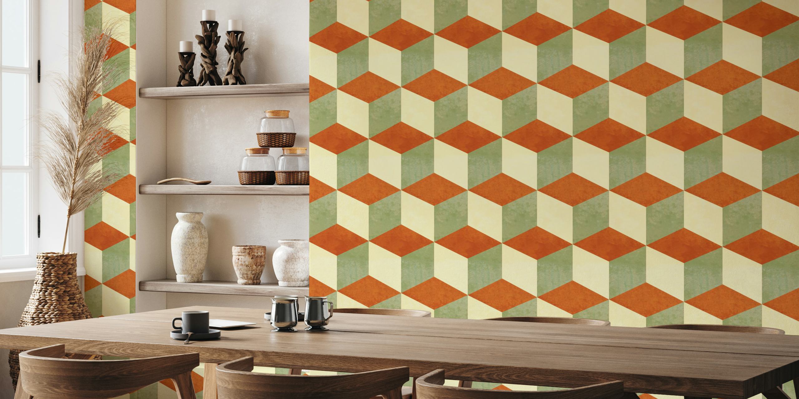 Geometric hexagonal pattern in sage green and copper wallpaper