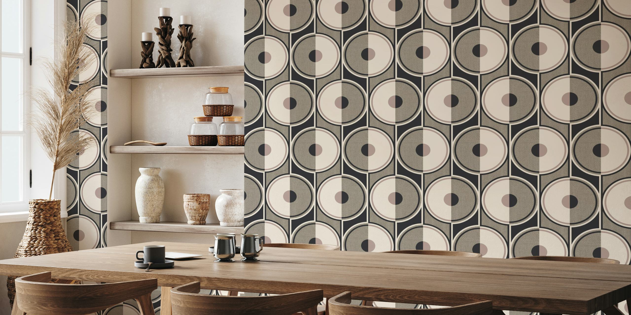 Small retro circles beige brown tapetti huoneessa