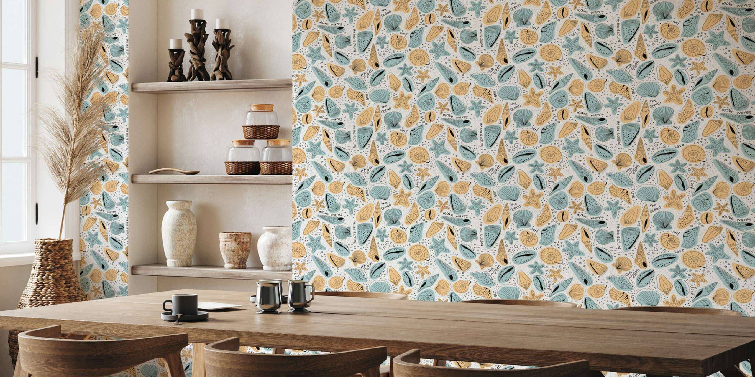 Seashells, starfish, and ocean motifs in orange and blue wallpaper