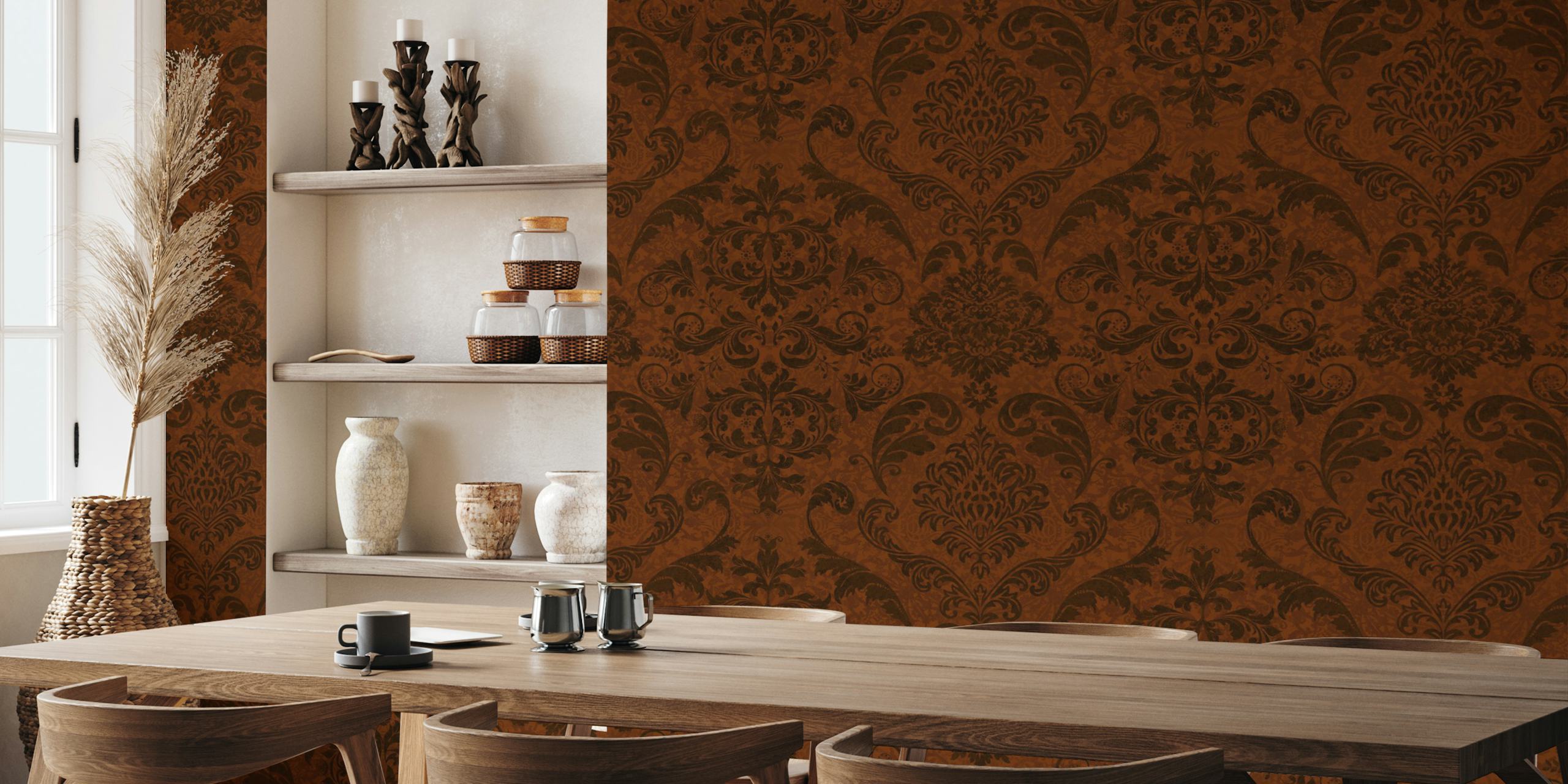 Dark vintage damask wallpaper pattern in amber maroon
