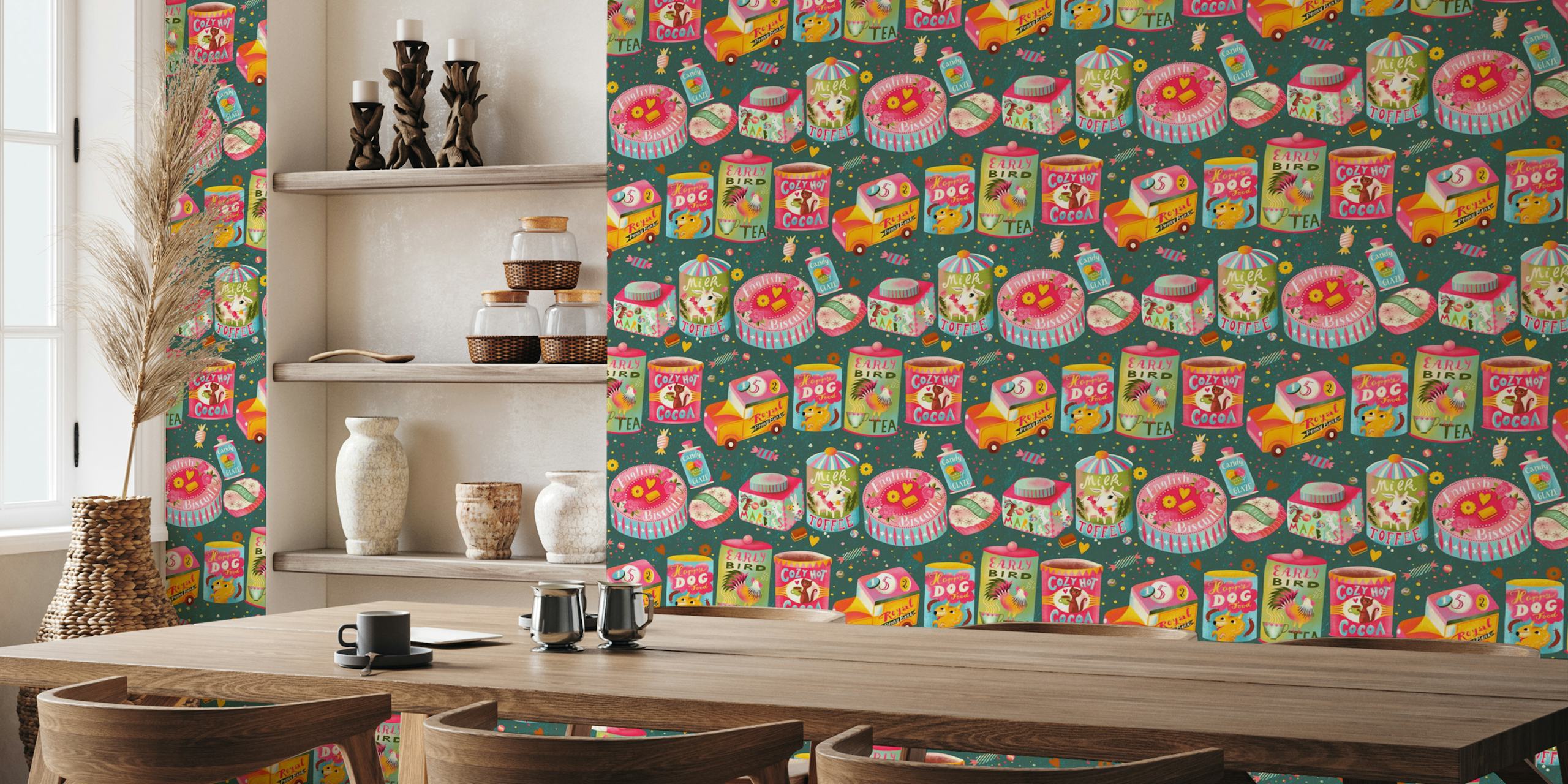 Design de papel de parede Vintage tins em um quarto