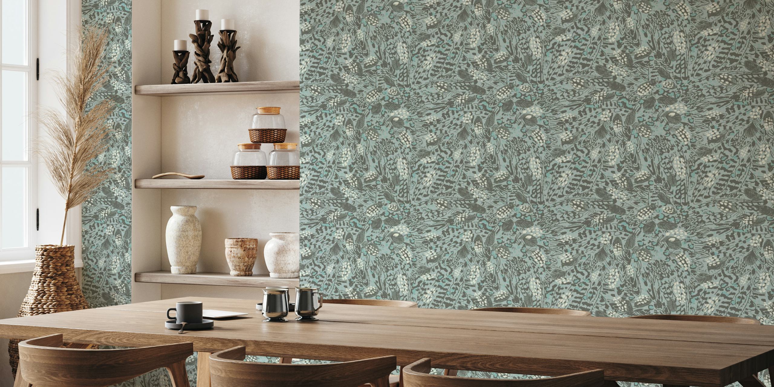 Neutral blue animal print wallpaper featuring abstract patterns.