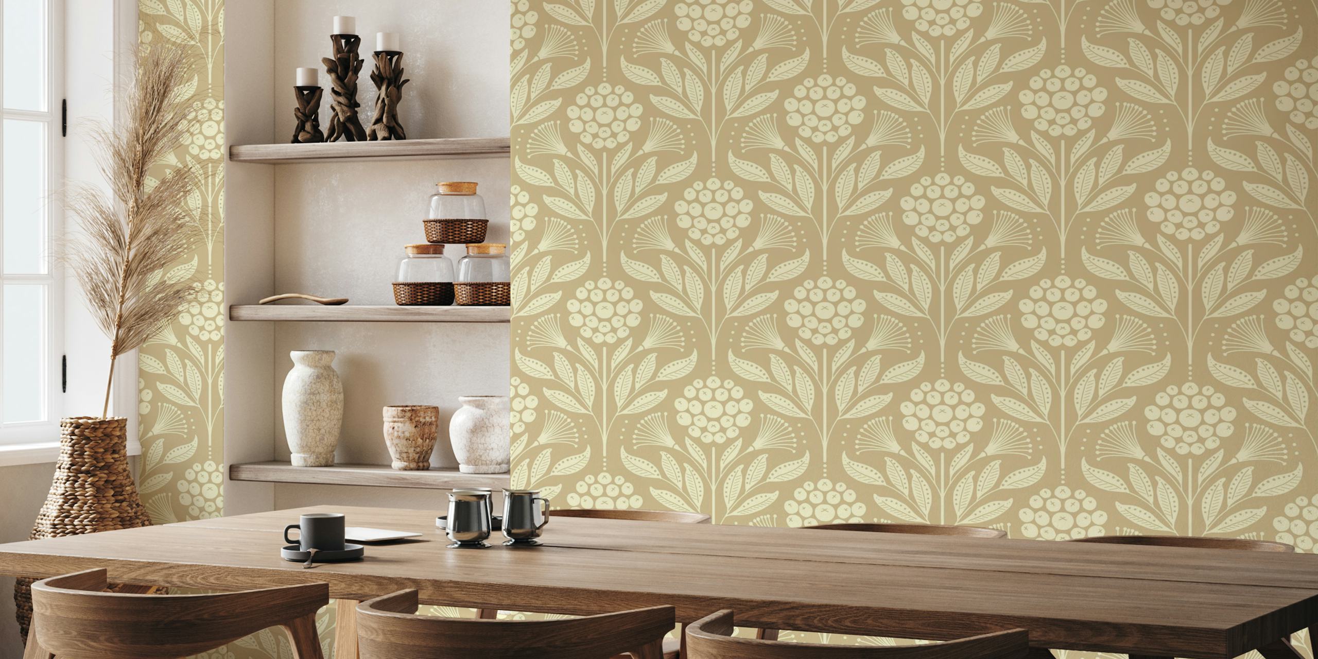 Floral and leaf patterns in beige and cream Boho wallpaper
