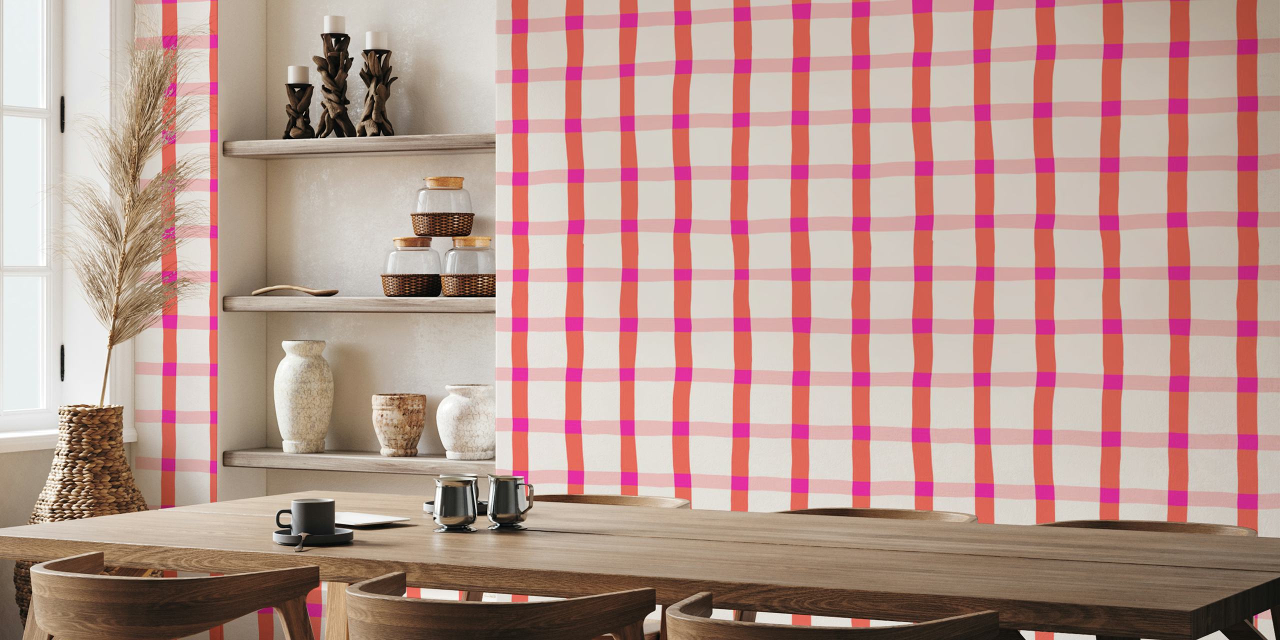 Pink and coral plaid pattern wallpaper