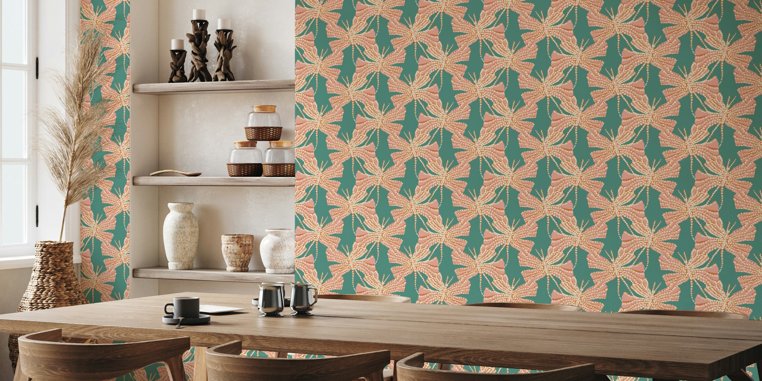 Floral butterfly pattern in pink and teal tones wallpaper