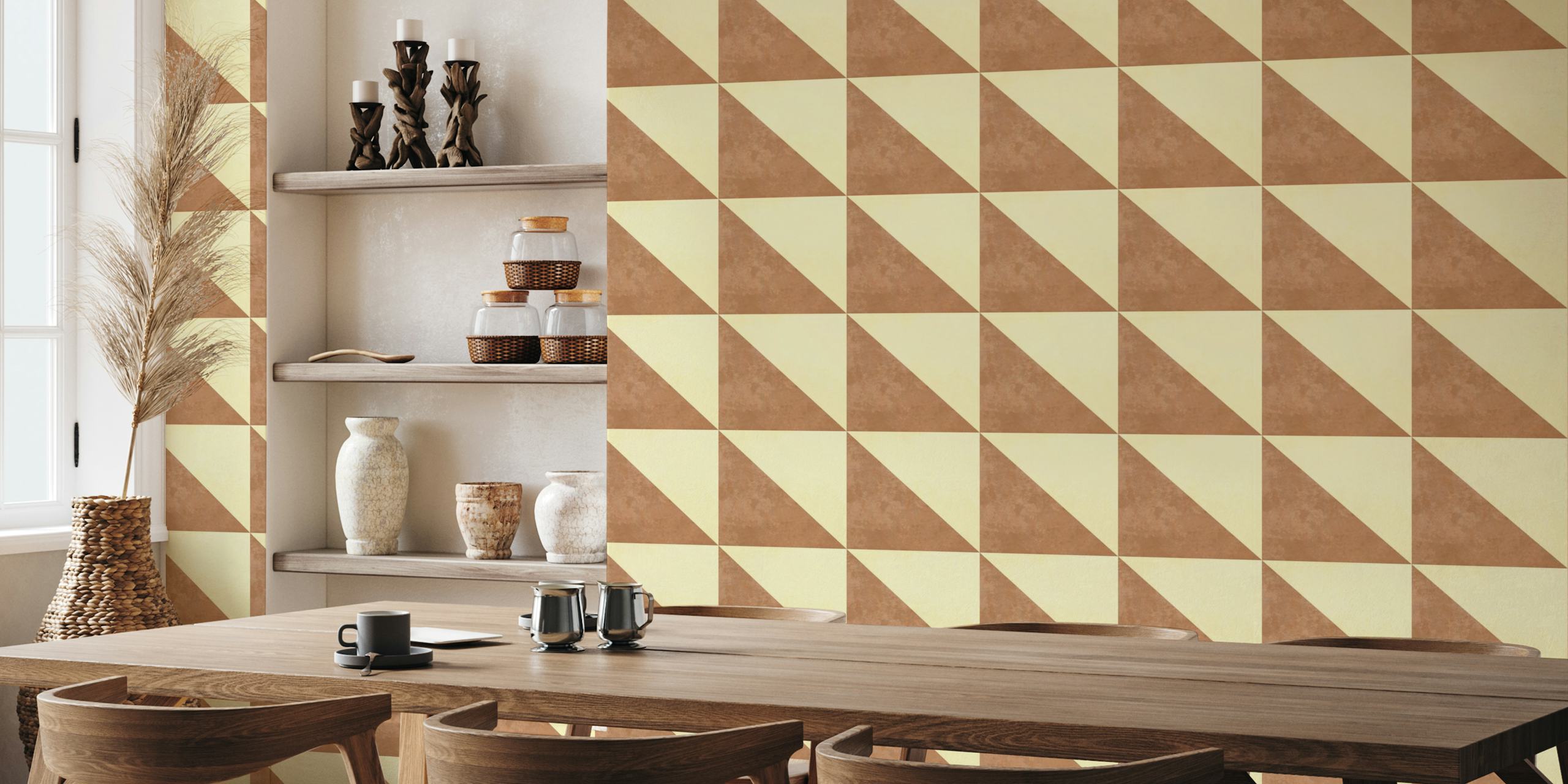 Diagonal split tan and cream textured wallpaper