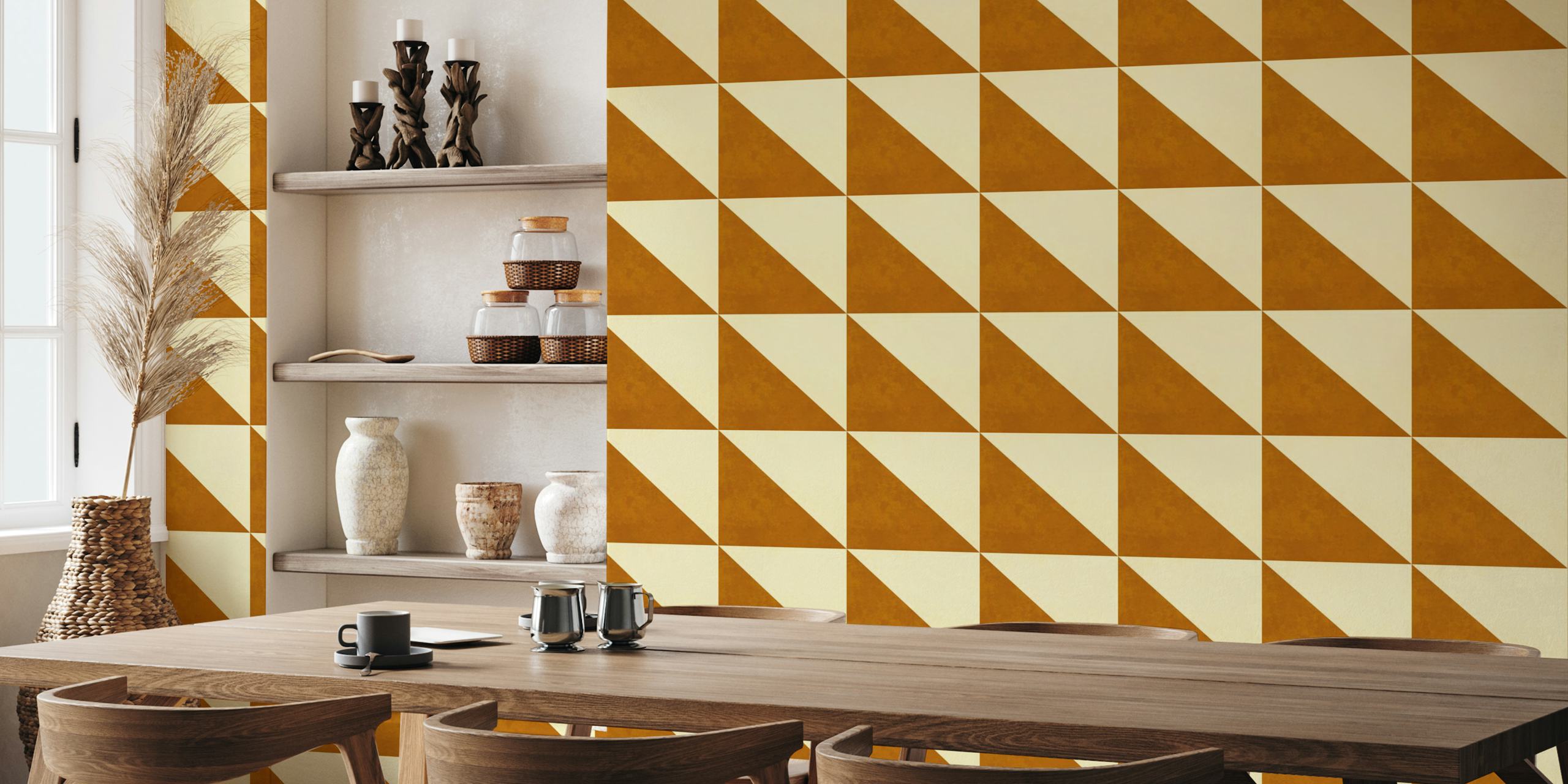 Rustic diagonal split copper and cream tile wallpaper