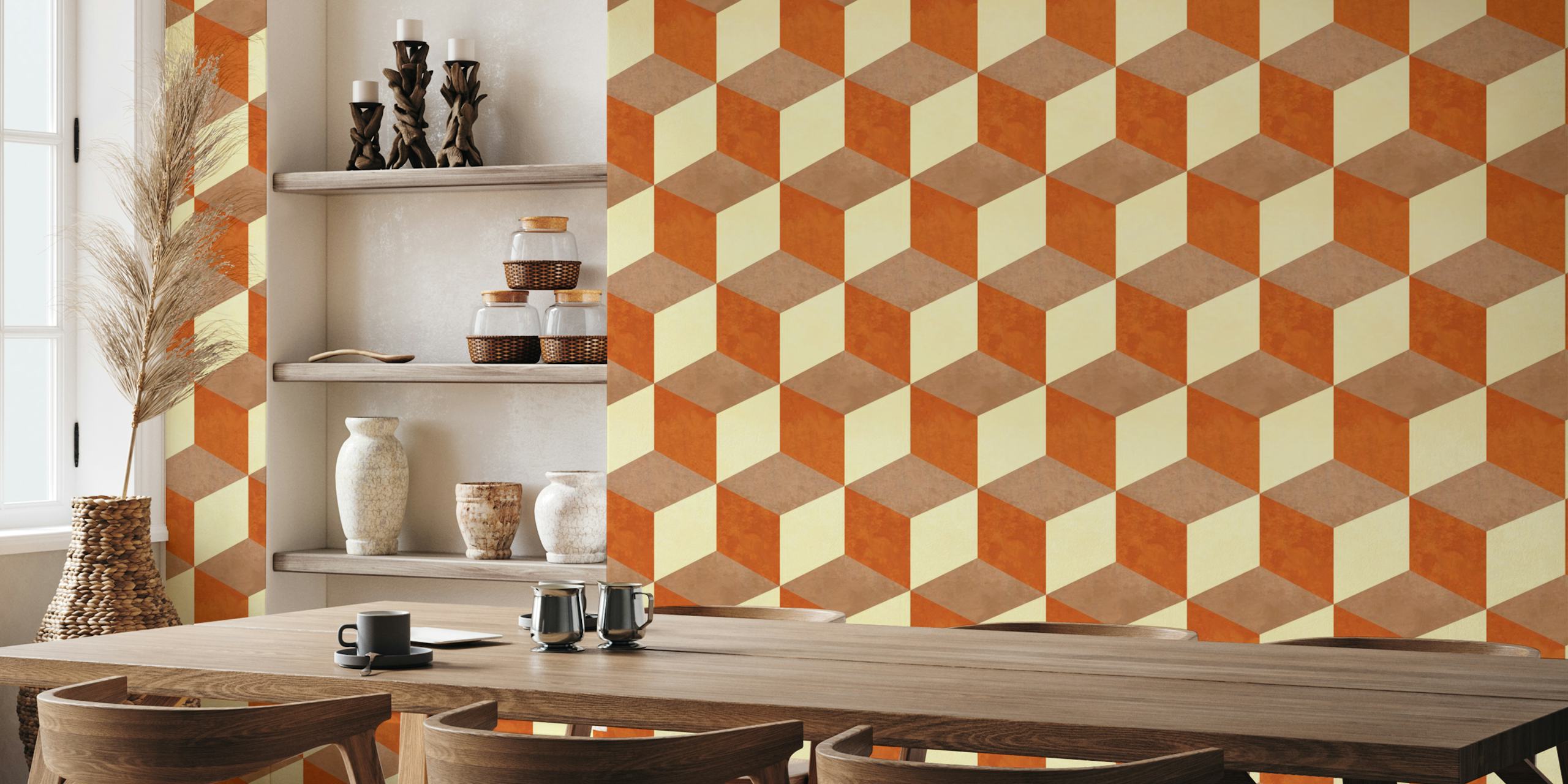 Geometric pattern of copper and beige shapes wallpaper