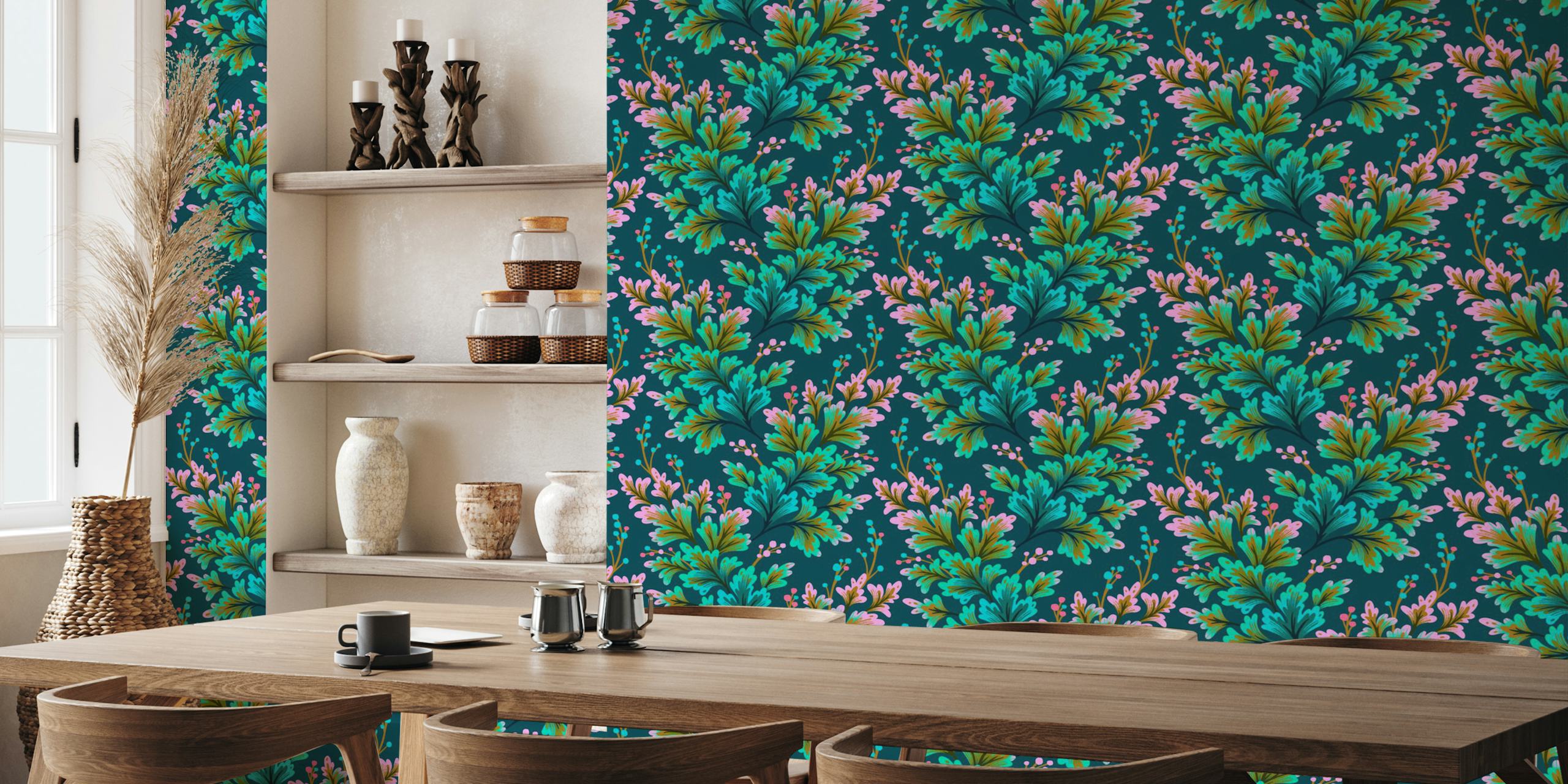 Frilled Foliage - Emerald Green / Pink behang in een moderne kamer