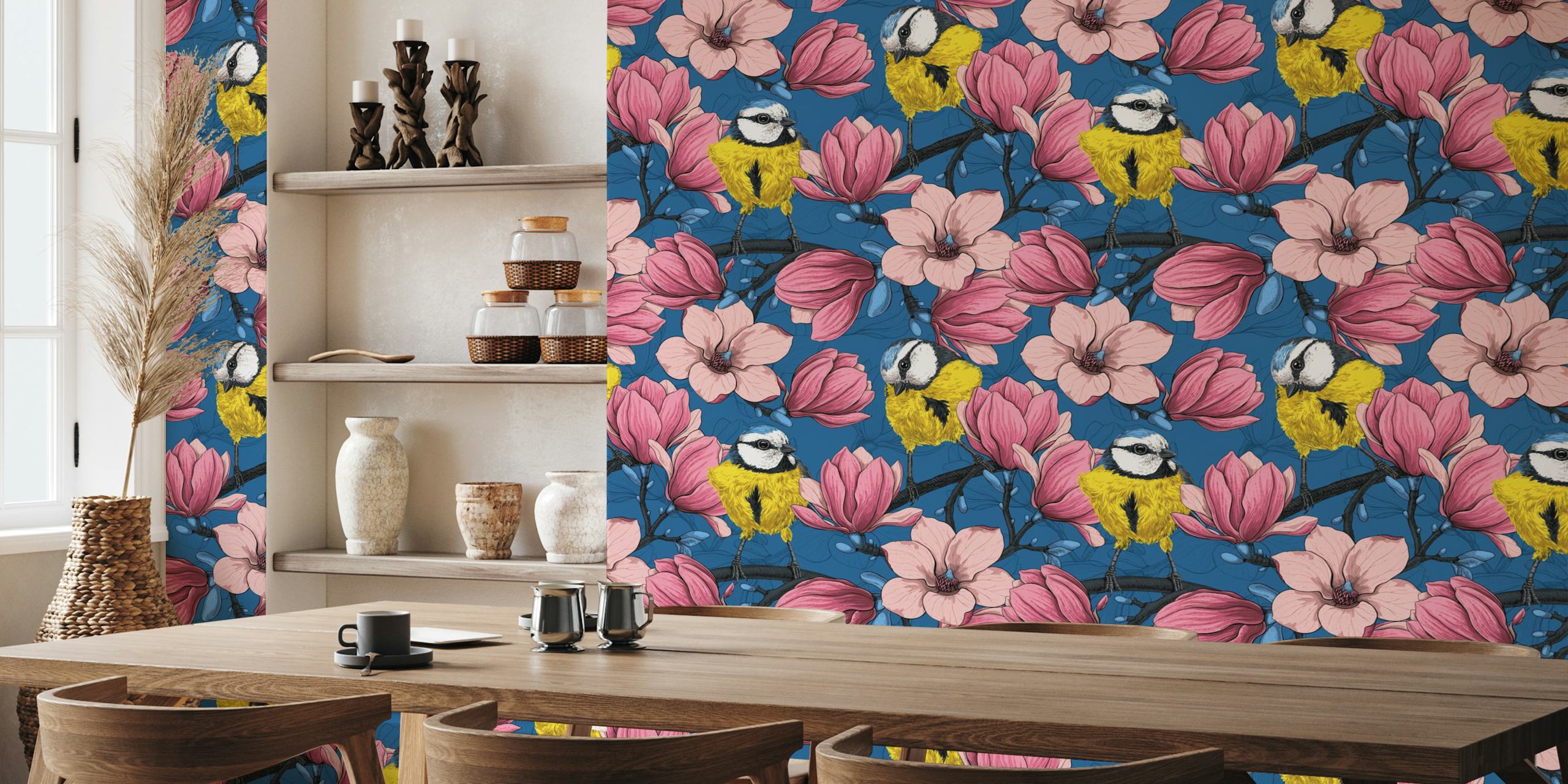 Two birds perched on pink flowers with blue background wallpaper
